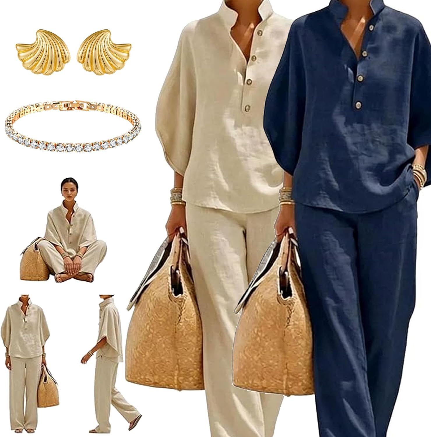 2026 New Women's Batwing Sleeve Linen Cotton Two-Piece Set, Casual Shirt & Wide Leg Pants Outfit