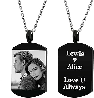 Queenberry Personalized Photo Urn Custom Text Engraving Dog Tag Memorial Pendant Necklace for Ashes Cremation w/Rolo Chain 21' - Handmade Love Note to Family Husband Wife