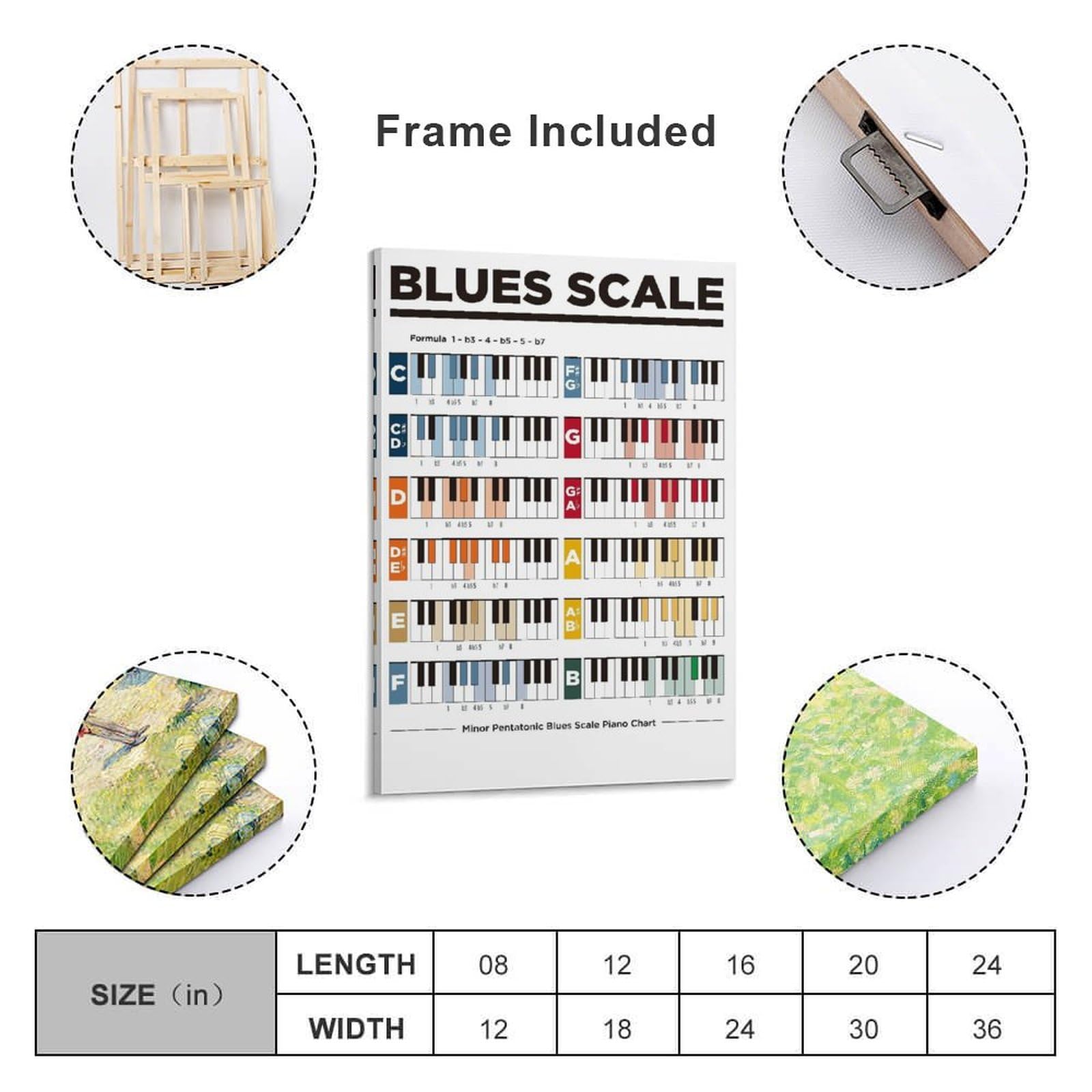 LZTEN Poster con scala blues di pianoforte, idea regalo per musicisti minori pentatonici, scala blues per pianoforte, musica, educazione, stampa, poster, arte da parete, dipinti ad olio
