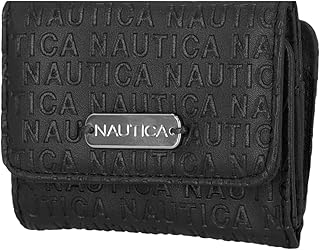Nautica Rower's End Small Wallet for Women, RFID Blocking Slim Credit Card Holder with Zipper Coin Pocket, Bifold Compact Wallet with ID Window in Black Logo