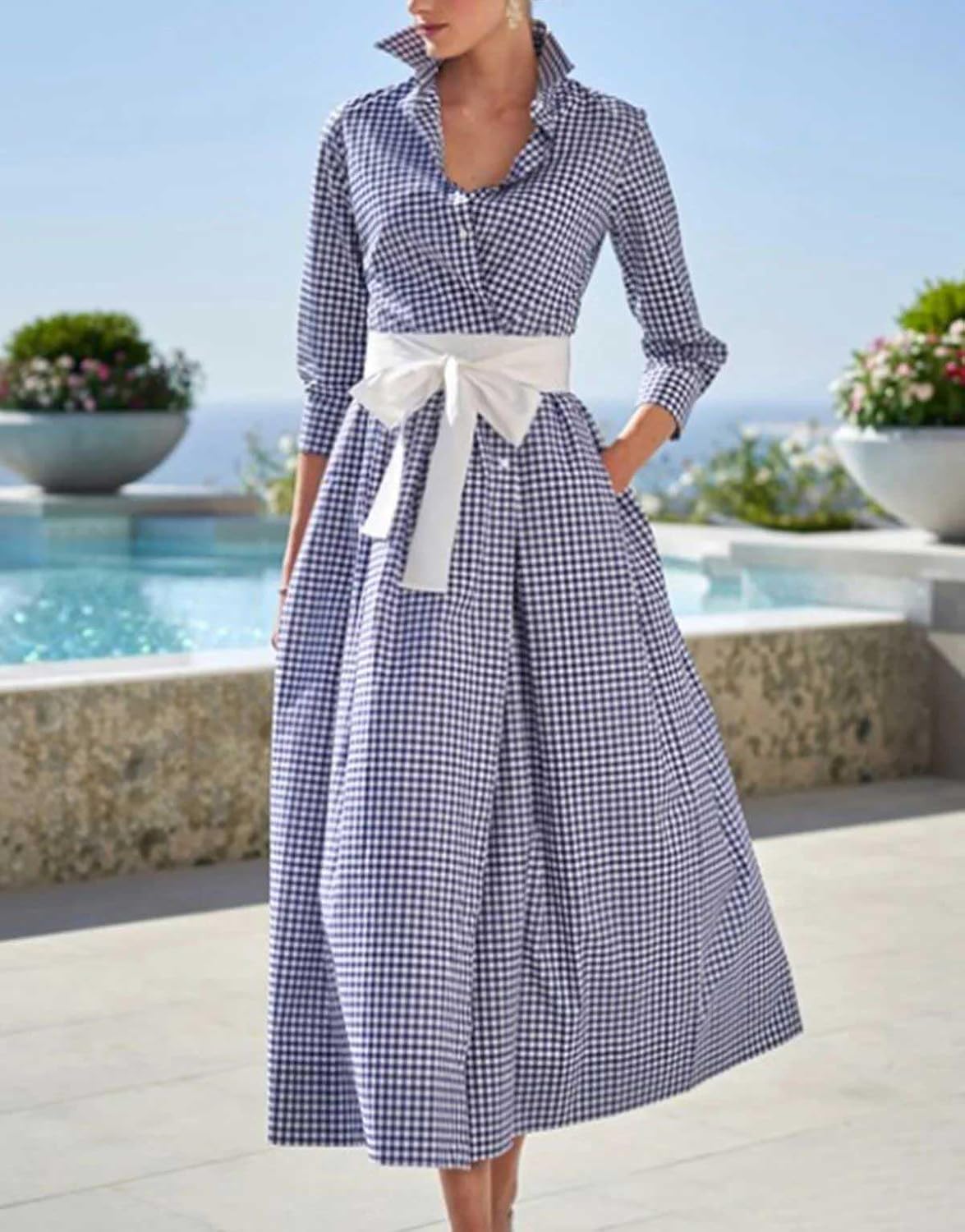 chouyatou Women's Retro Plaid Button Up Maxi Shirt Dress 3/4 Sleeve Gingham Pocketed Long Dress with Belt - Image 3