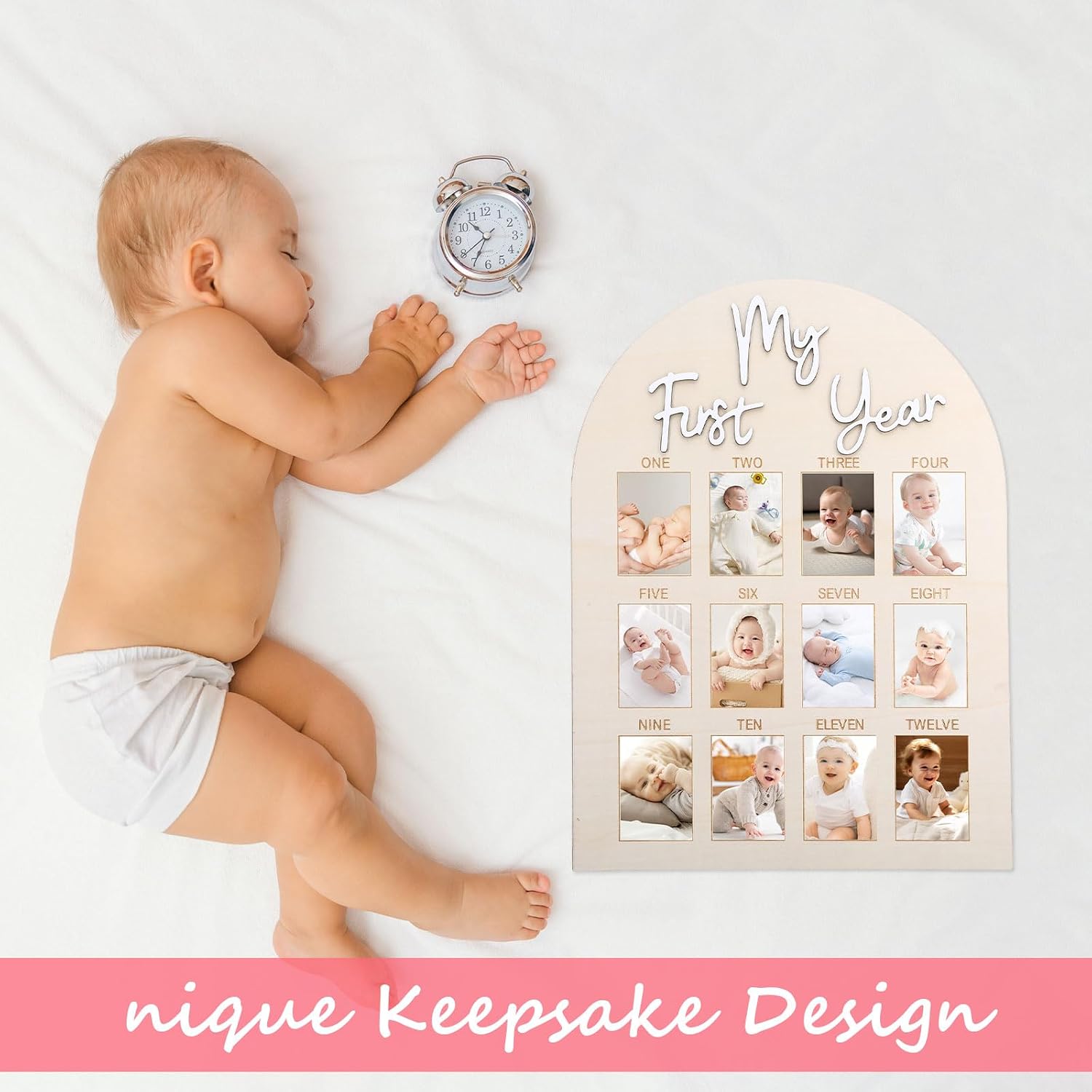 My First Year Photo Frame, My First Year Photo Board Wooden for 12 Month Picture, Baby Display Sign for Picture Frame Board for Baby Keepsake 1st Birthday Nursery Decor Gifts for Boy Girl, White