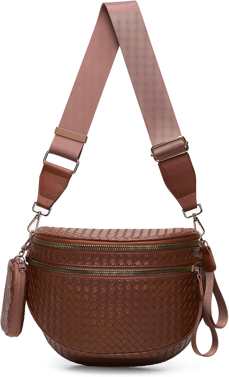 Woven Bum Bags for Women Vegan Leather Crossbody Bag with Coin Purse, Trendy Fanny Packs with Adjustable Wide Strap, Spacious Sling Shoulder Purse for Trave