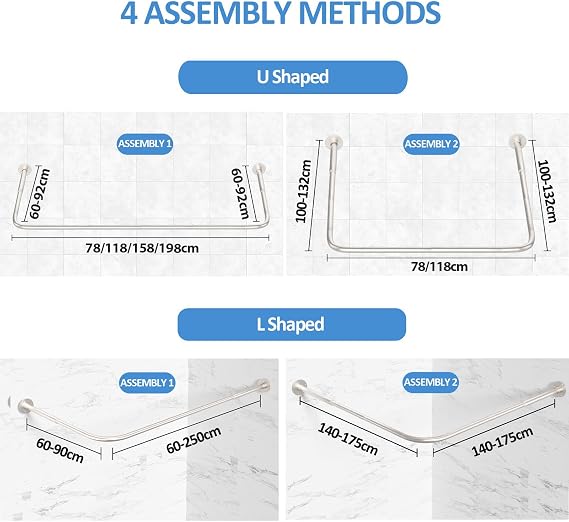 L Shaped/U Shaped Shower Curtain Rail, [60-92]X[78-198]X[60-92]cm Adjustable Shower Curtain Pole, Wall Mounted Curved Shower Rail With 12 Rings & Ceiling Support, Need Drilling, Brushed Nickel