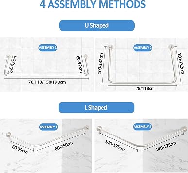 L Shaped/U Shaped Shower Curtain Rail, [60-92]X[78-198]X[60-92]cm Adjustable Shower Curtain Pole, Wall Mounted Curved Shower Rail With 12 Rings & Ceiling Support, Need Drilling, Brushed Nickel