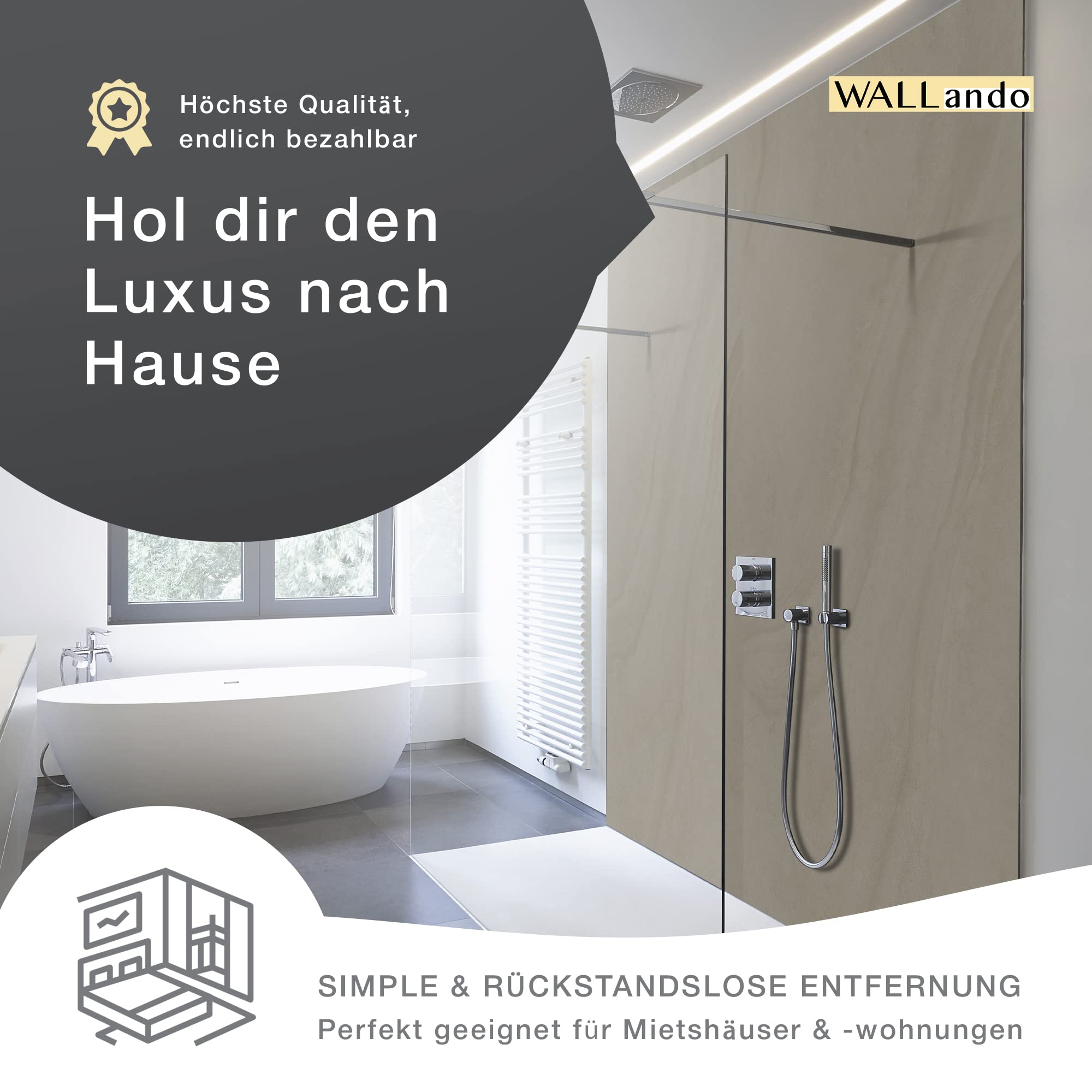 WALLando Premium Duschrückwand 250 x 100 cm – Einfach zu montierende Wandverkleidung für Dusche & Bad – Hochwertige PVC-Duschwand in Steinoptik, seidenmatt – Beton Grau
