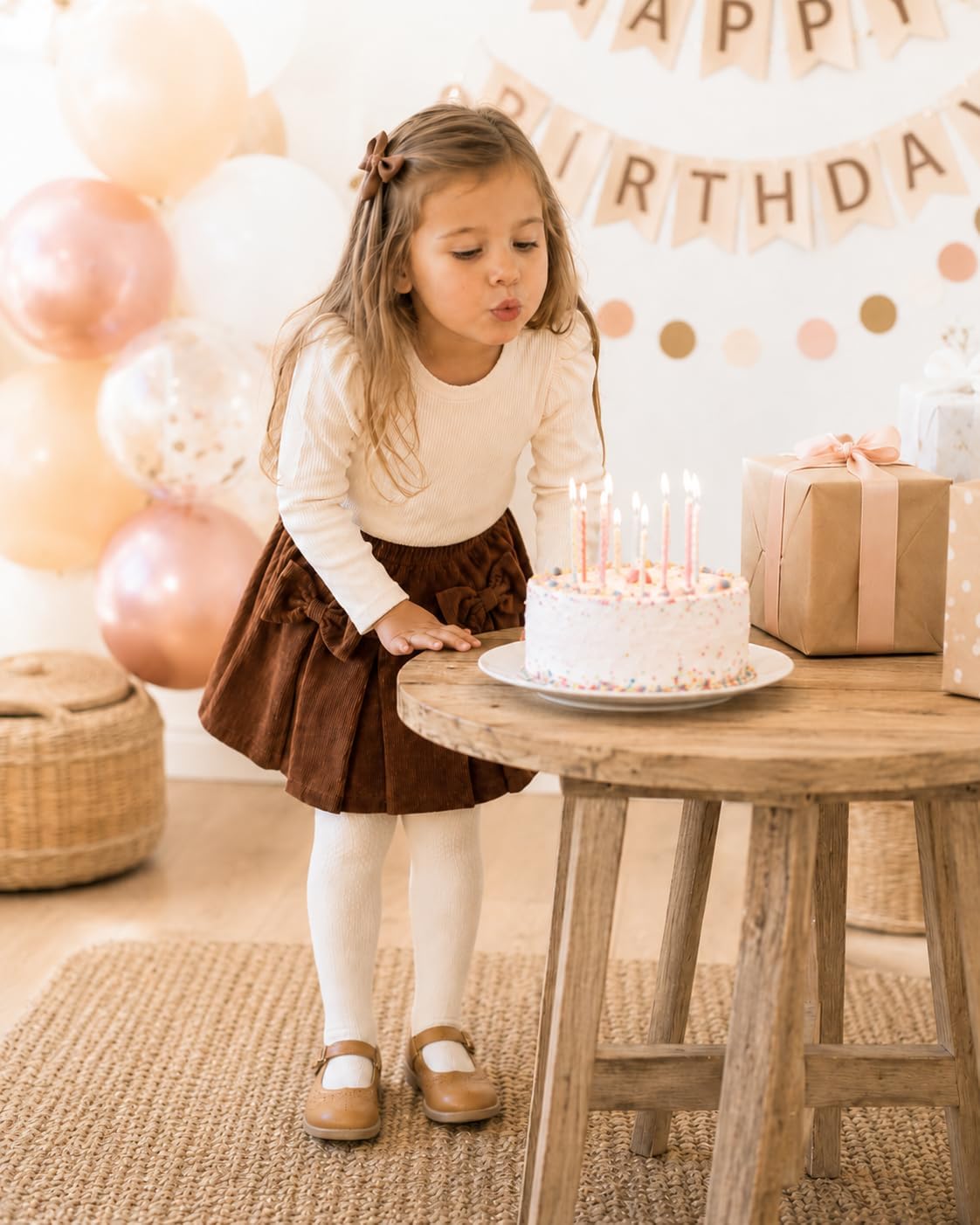 Girls Skirt Set, Cream Long Sleeve Ribbed Top and Brown Corduroy Pleated Skirt, 4-8Y
