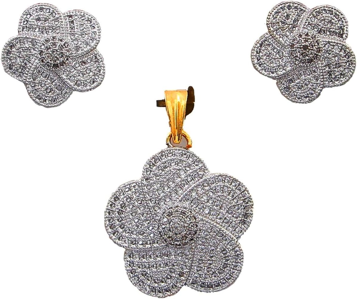 Floral Design Pendant with Drop & Dangle Earring for Women White CZ Traditional Look Locket Yellow Gold Plated Fashion Jewellery for Womens MKPS 42