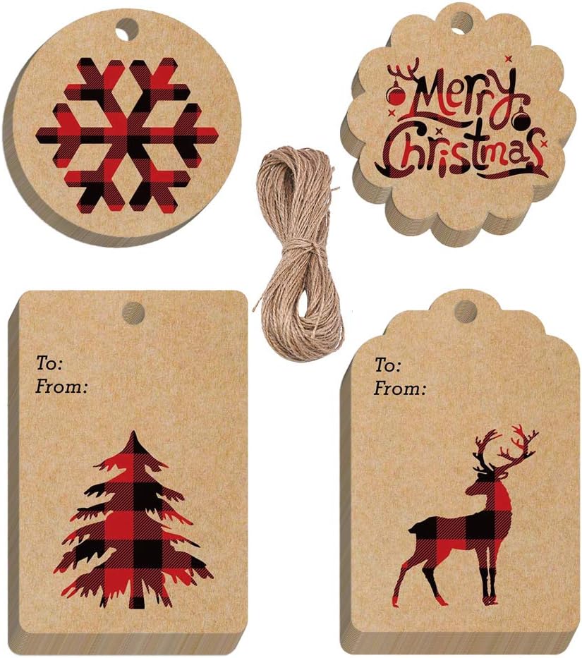 Christmas Kraft Paper Tags,200 Pack Brown Tags with 50m Jute Twine Gift Tags Hang Labels for Decor,Merry Chirstmas Tree Elk Snowflake Pattern Hanging Tag for Xmas Party Gift New Year