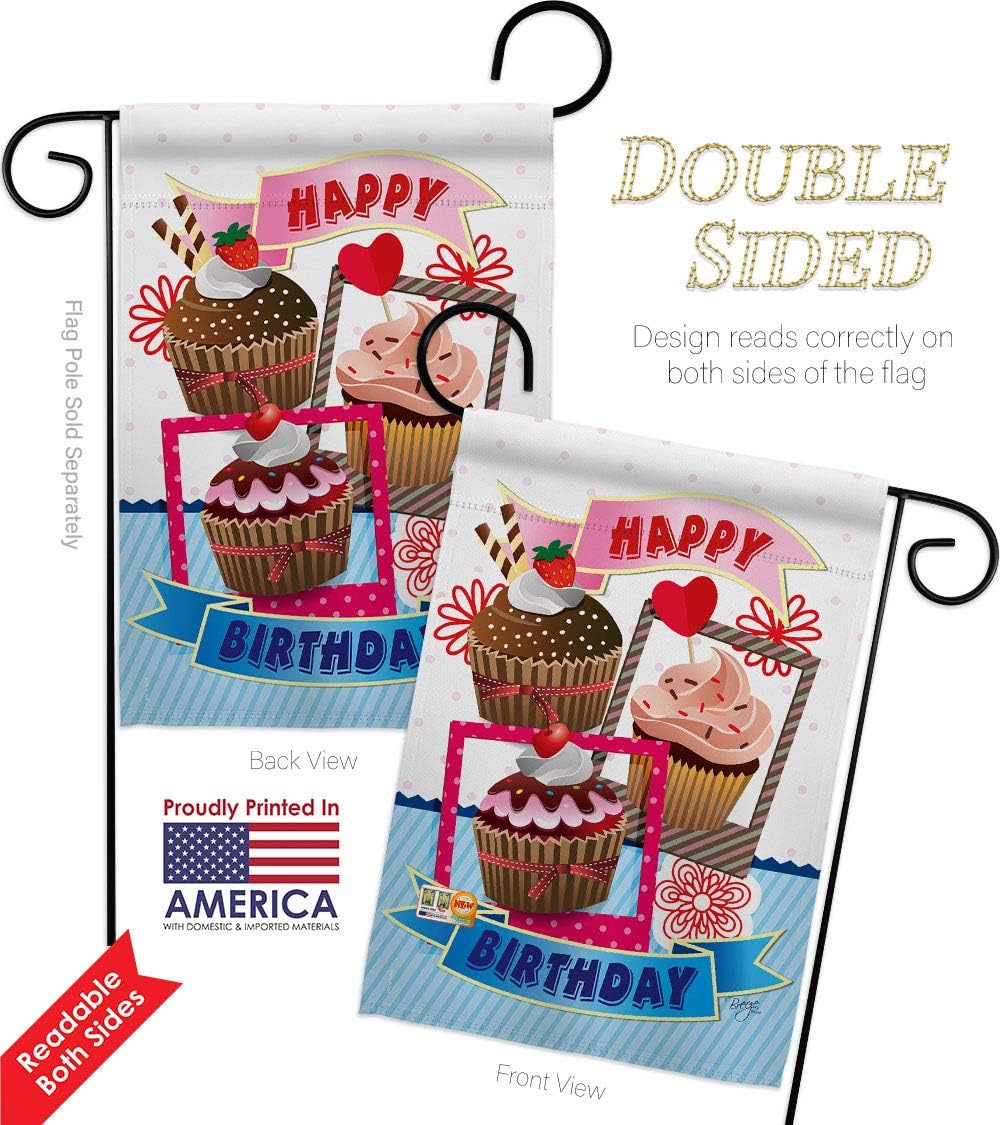Birthday Cupcake Garden Flag Set Wall Holder Celebration Cake Gift Present Candy Bouquet Occasion Anniversary Party Small Decorative Yard House Banner Double-Sided Made In USA 13 X 18.5