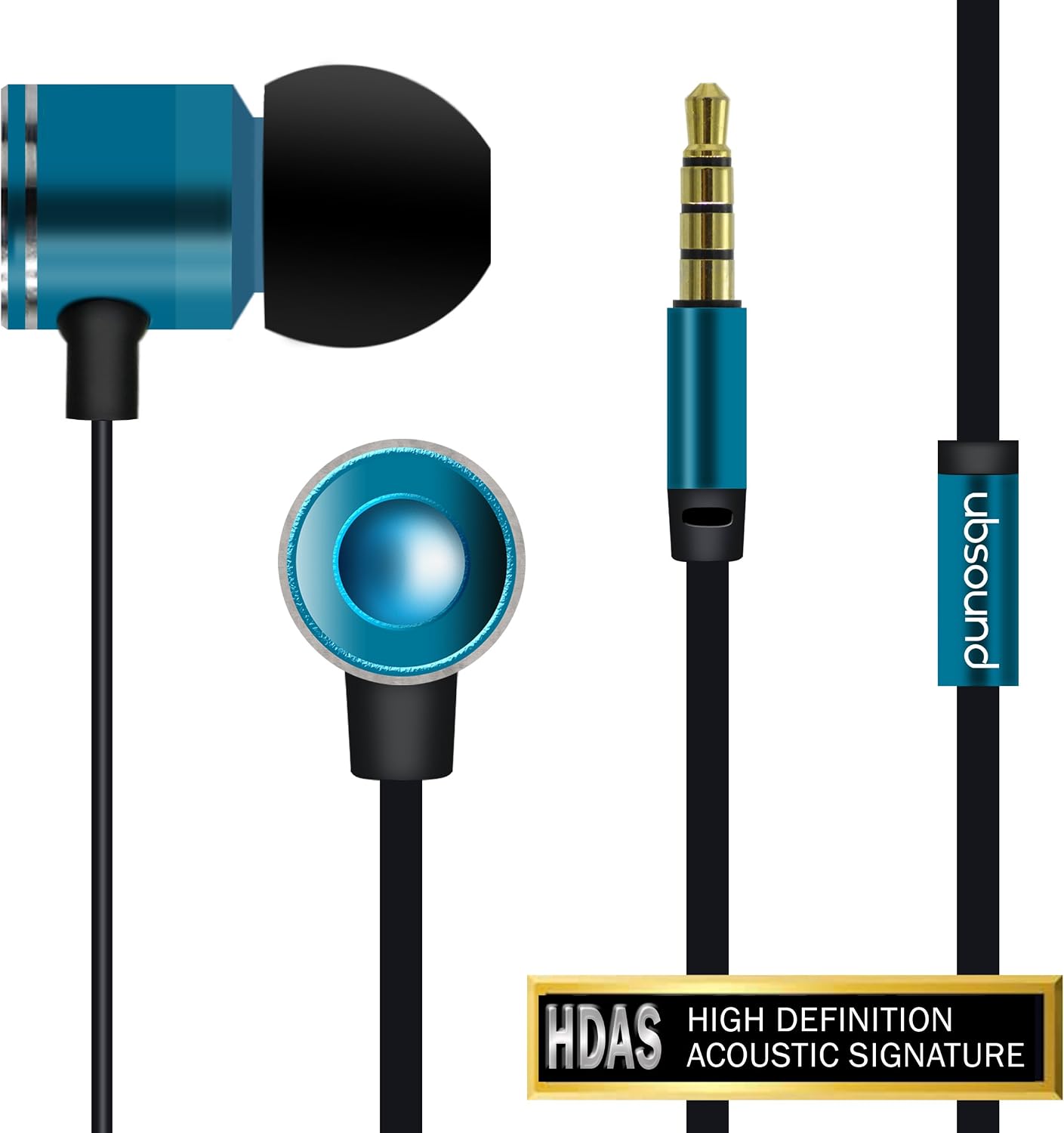 UBSOUND Fighter PRO HD Blue - Aluminum in-Ear Earphones - Remote Control & Microphone - Tangle-Free Flat Wire - Headphones IEM for All Smartphones and Gaming with Standard 3.5mm Jack