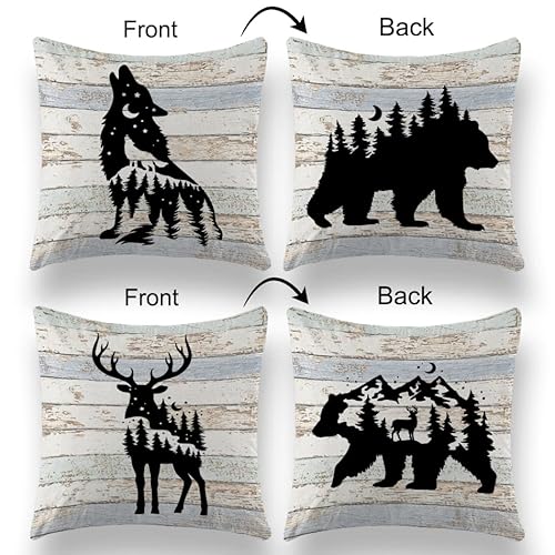 Tunw Vintage Wood Forest Wild Animals Bear Deer Wolf Reversible Throw Pillows Farmhouse Wildlife Cushion Cover Decorative Pillowcase For Camper Rv Home,Campers Camping Lovers Gifts,18×18 In Set Of 2 #TOP1