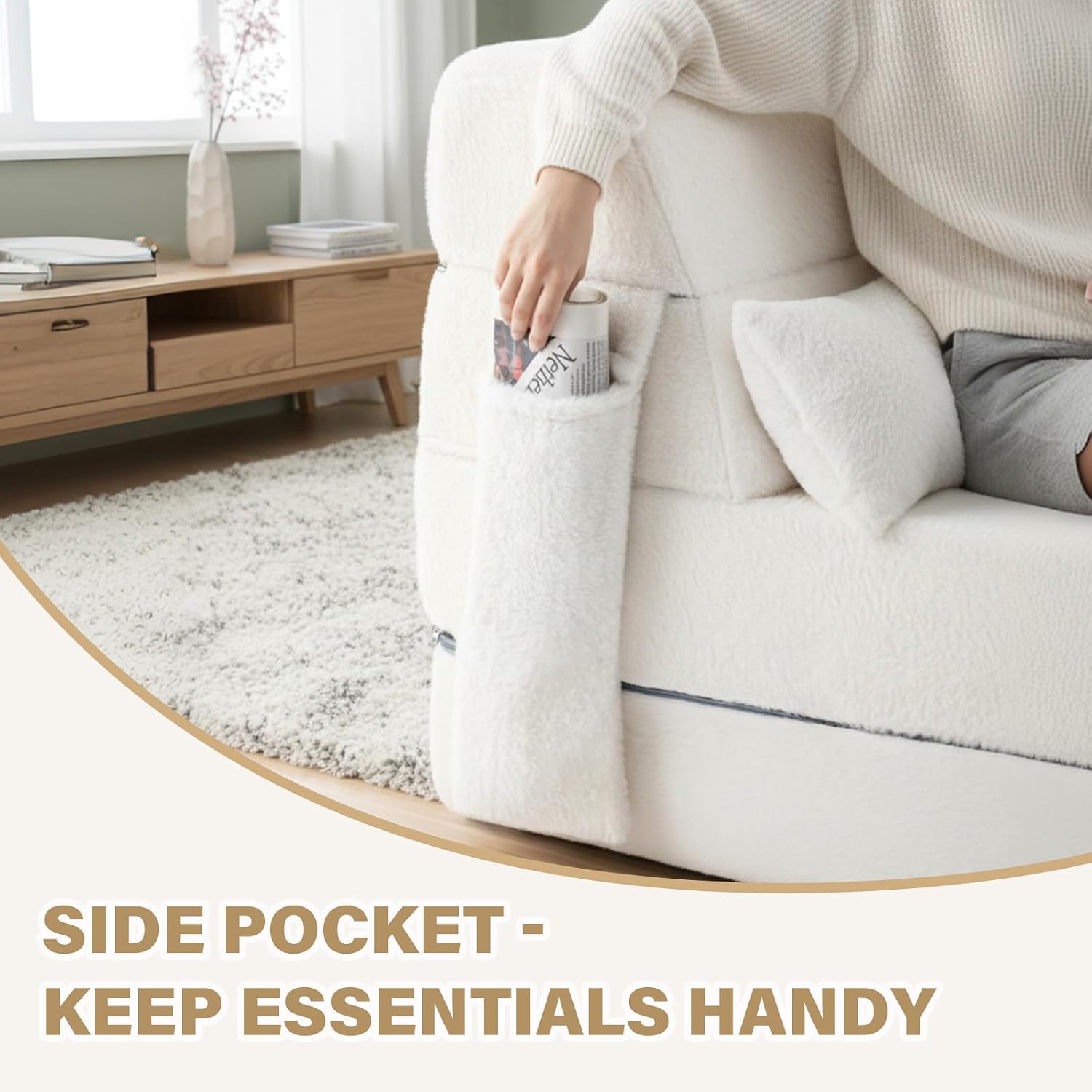 Tiita Convertible Folding Sofa Bed Mattress with Pillow & Side Pocket, Plush Fabric Floor Mattress Couch Bed, Washable Cover, Twin Size, Beige image 5
