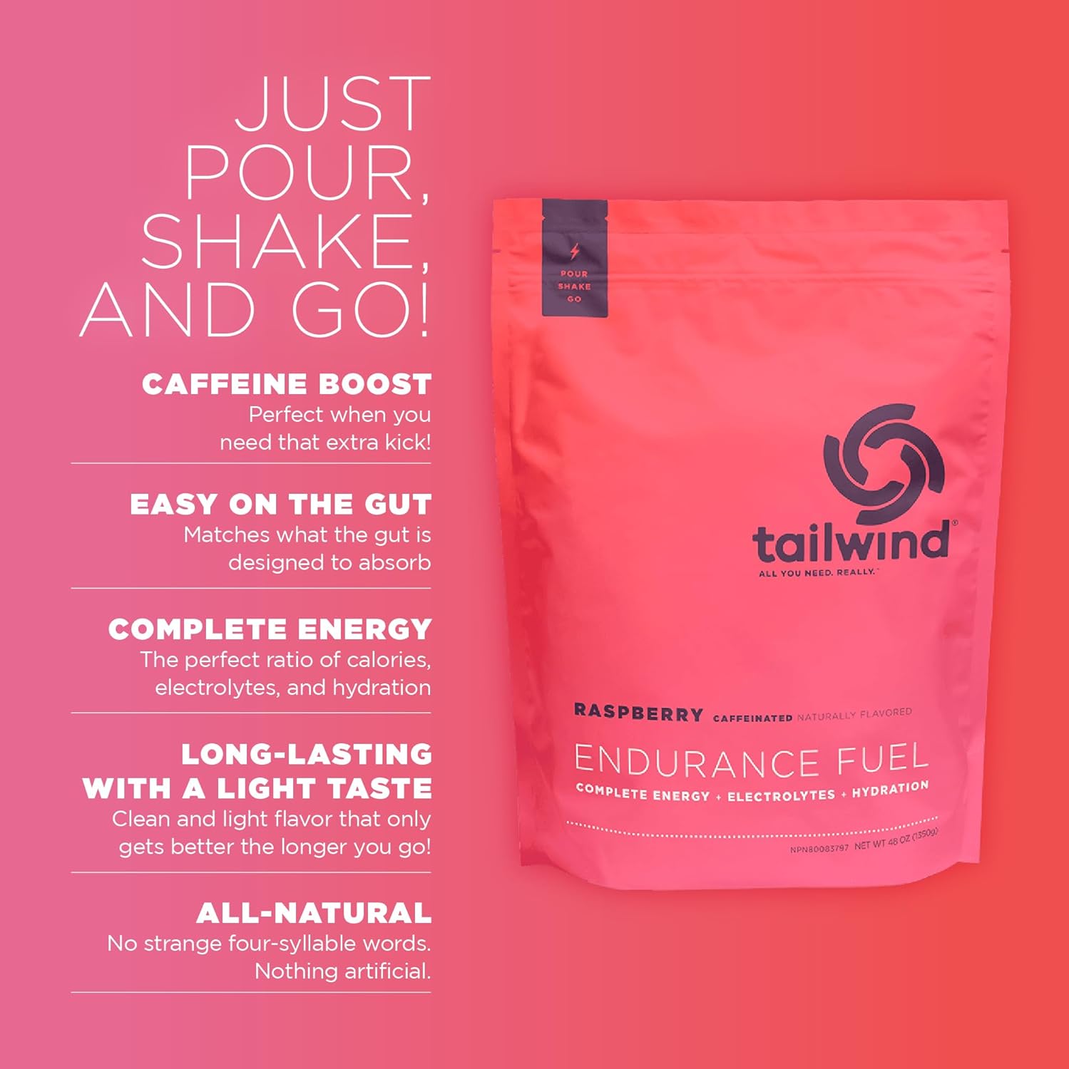 Tailwind Nutrition Endurance Fuel, Carbohydrate & Electrolyte Sports Drink Mix Powder, Gluten-Free, Vegan, Raspberry Buzz, 50 Servings (Caffeinated)