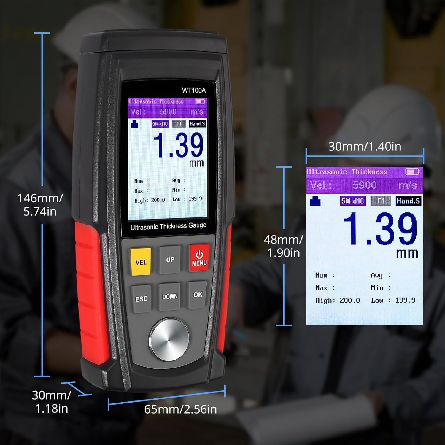 Medidor de Espesor Ultrasónico Digital, WT100A 1-225 mm Medidor Espesor Pintura Coche Portátil con 5 MHz Sonda, Thickness Gauge Ultrasónico Recubrimiento, para Metal Plástico Vidrio Cerámica Tuberías