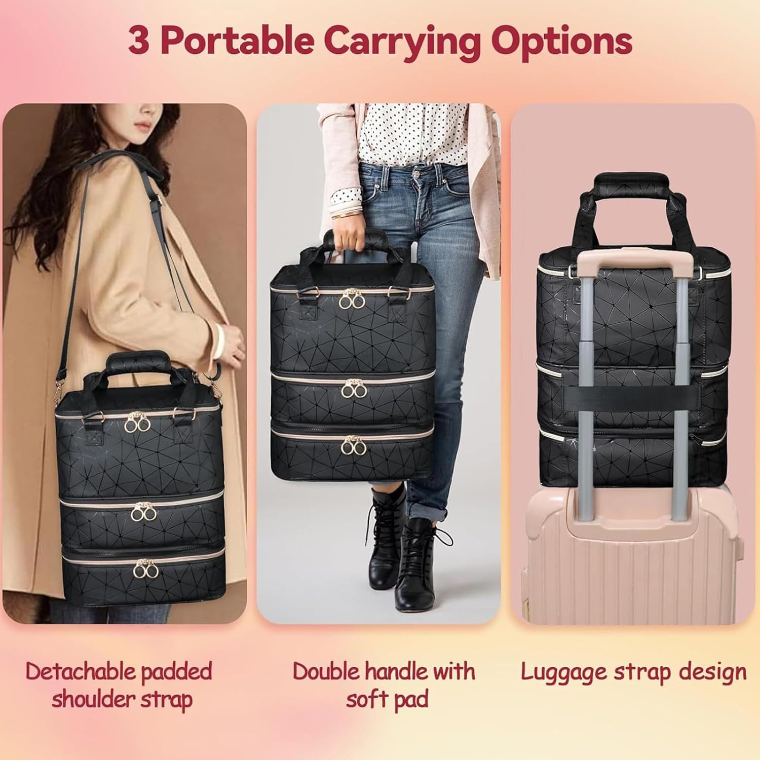 Petyoung Nail Polish Organizer Bag, 3 Layers Nail Supplies Organizer, Holds 84 Bottles(15ml/0.5fl.oz), Large Nail Kit Organizers and Storage Bag with Shoulder Strap for Salon and Home Use