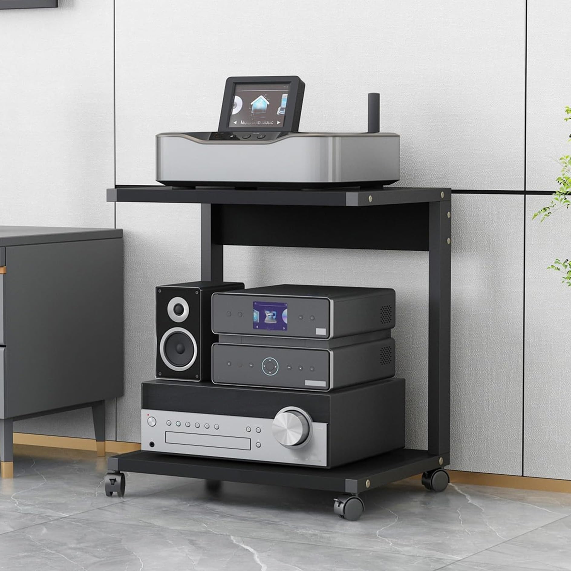 Supporto AV con ruote, mensola per console a 2 livelli, moderno in legno, per TV, ad angolo, per soggiorno e gaming, soluzione di archiviazione mobile (nero, 50 x 40 x 60 cm)