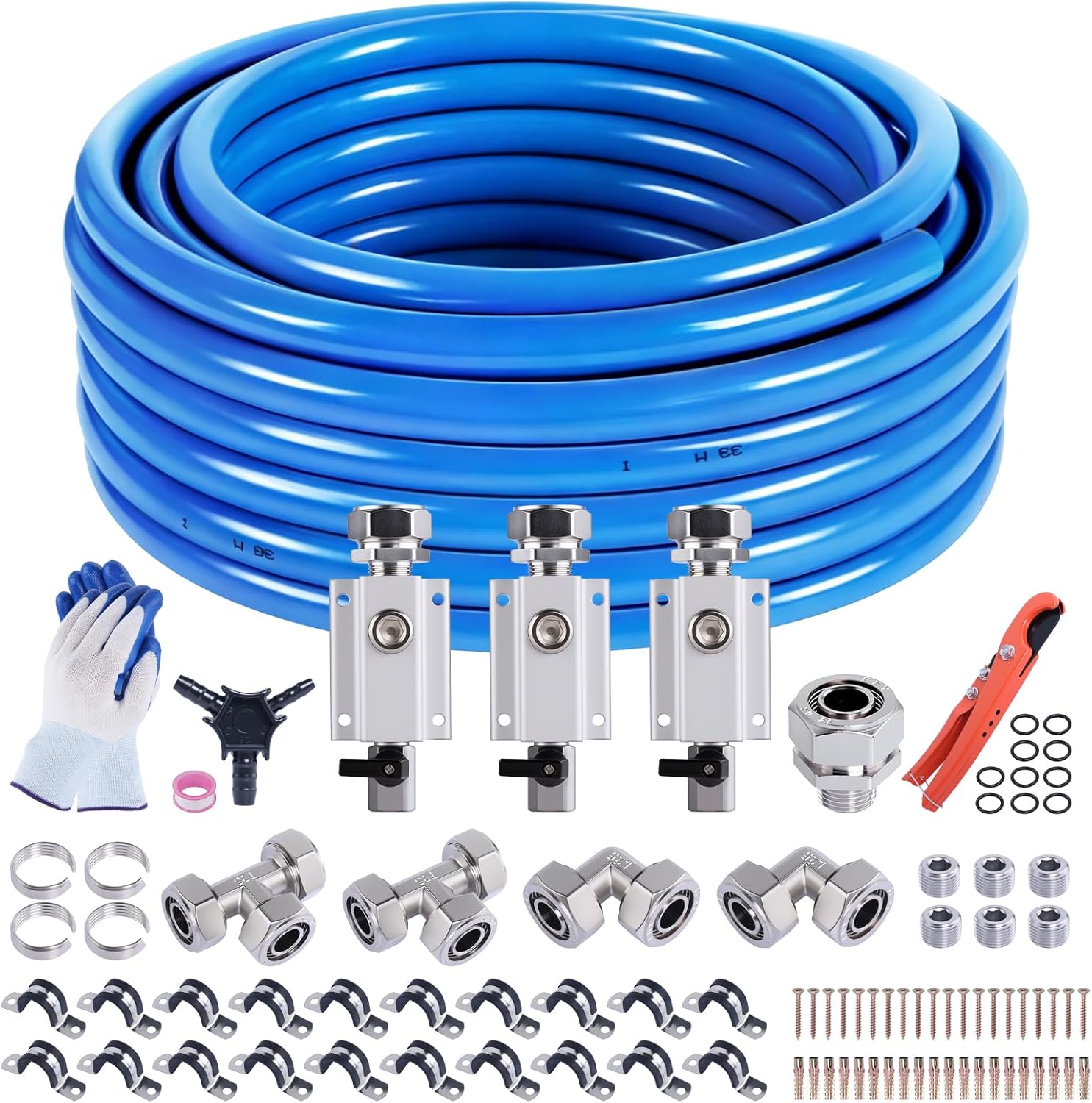 Shop Air Line Kit 3/4” 100FT Compressed Air Piping System HDPE-Aluminum-HDPE Air Tubing with 4-Way Aluminum Blocks Brass Valves Air Piping Fittings Kit Air Compressor Accessories for Garage