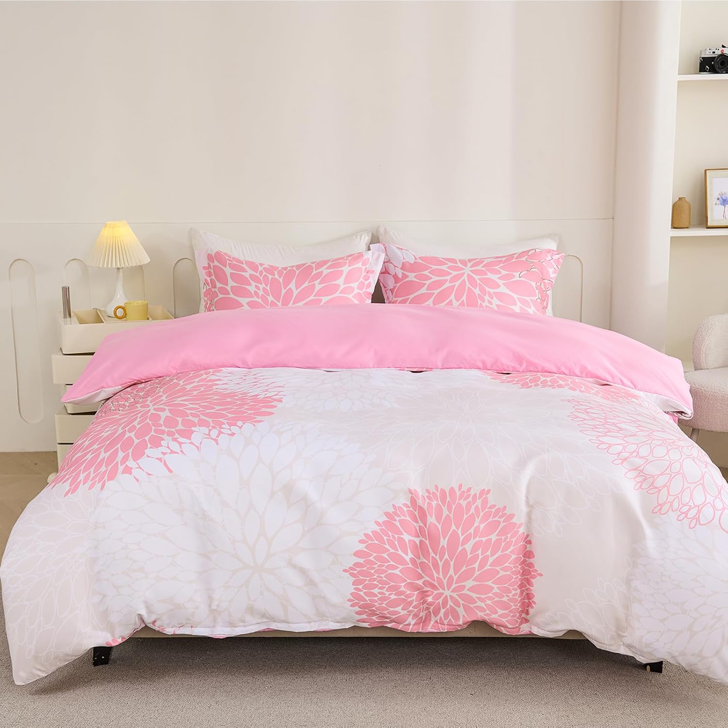 Koniroom 2 Pieces Pink Duvet Cover Twin Size, Beige Reversible Floral Duvet Cover Twin with Cute Flowers for Women Teen Girls