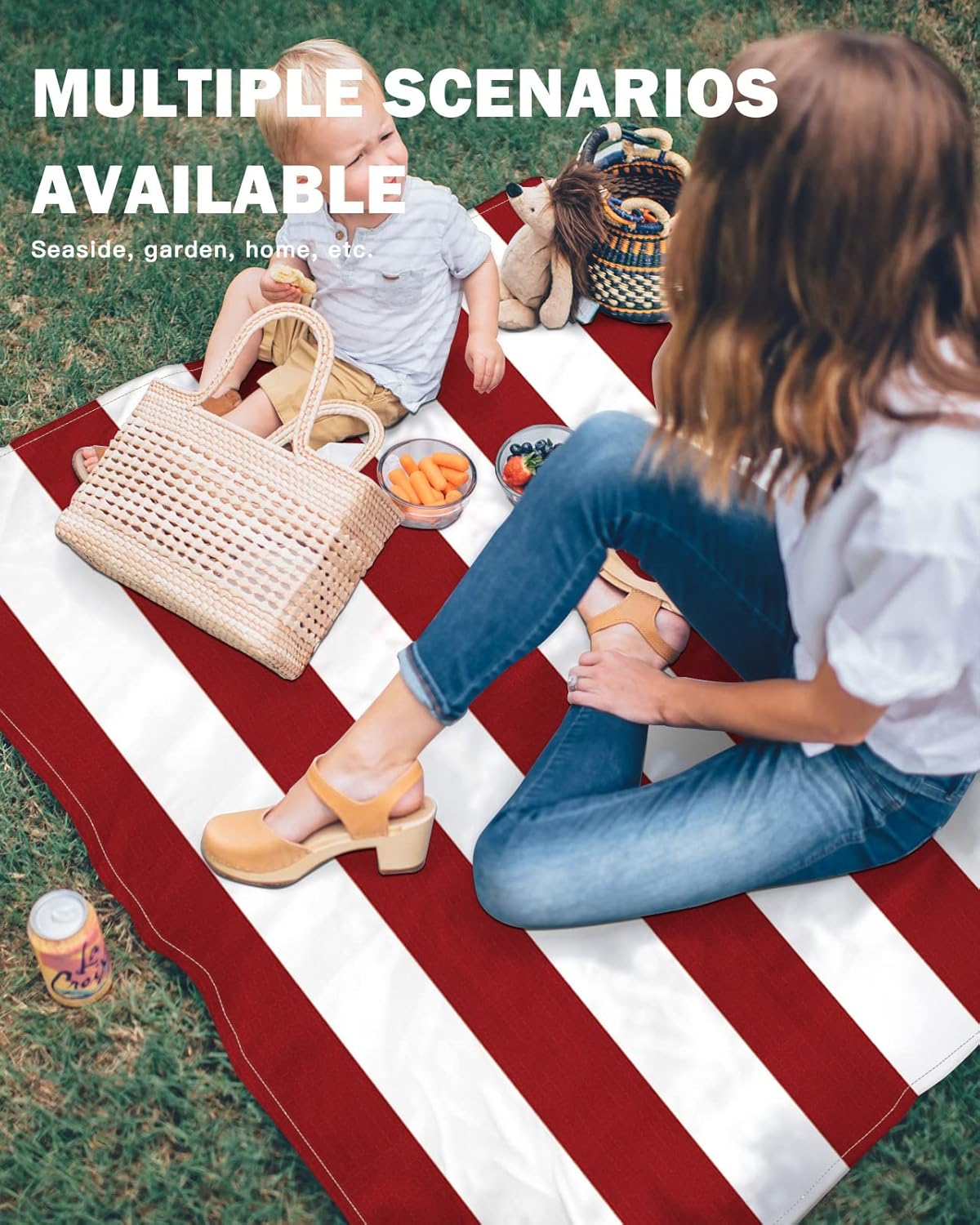 Christmas Stripes Beach Blanket Waterproof Sandproof Outdoor Picnic Mat 108"x84" Red and White Lightweight Large Beaach Blankets with 4 Stake & 4 Corner Pockets