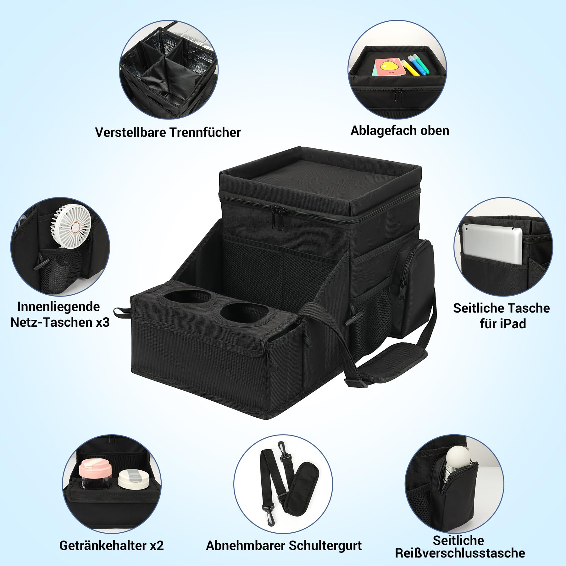 INFANZIA Autositz Organizer, Beifahrersitz Organizer Kinder mit ​​Thermotaschen​, Kofferraum Organizer für Vorderen Rücksitz mit Getränkehalter und Autoaufbewahrung für Spielzeug, Bücher, Snacks