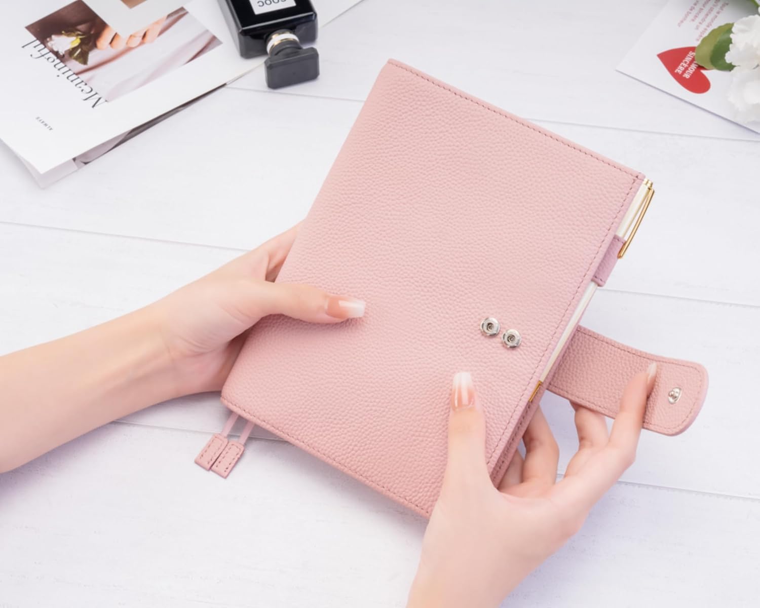 B6 Leather Planner Cover for Stalogy, Midori, Leuchtturm1917, and More - with Pen Loop, Card Slots, Back Pocket, and Bookmarks (Pink)