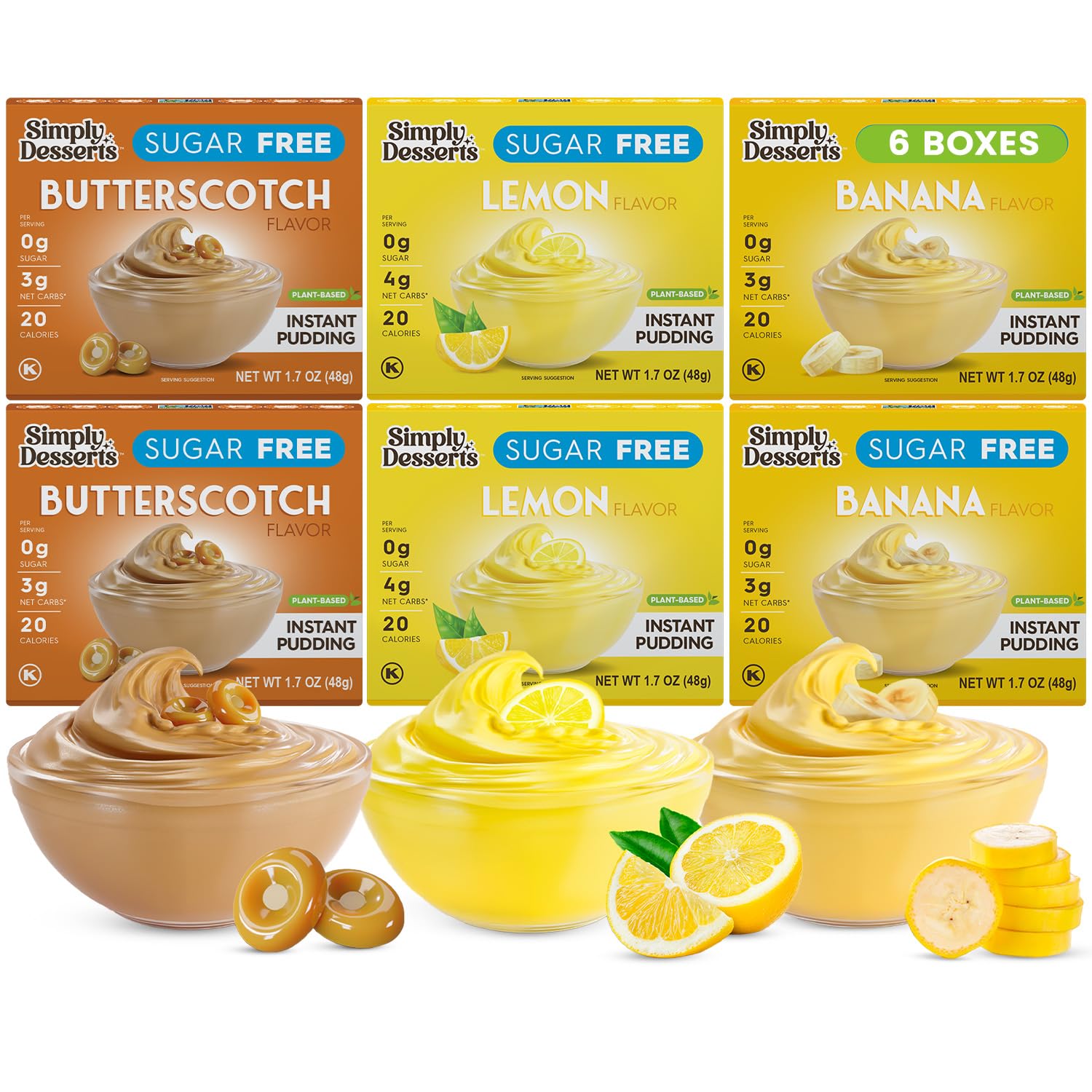 Simply Desserts Banana, Butterscotch & Lemon Instant Pudding, Sugar-Free, Variety 6-Pack – Healthy Dessert, Keto Snacks, Vegan & Diabetic-Friendly, Kosher, 1.7 Oz Ea