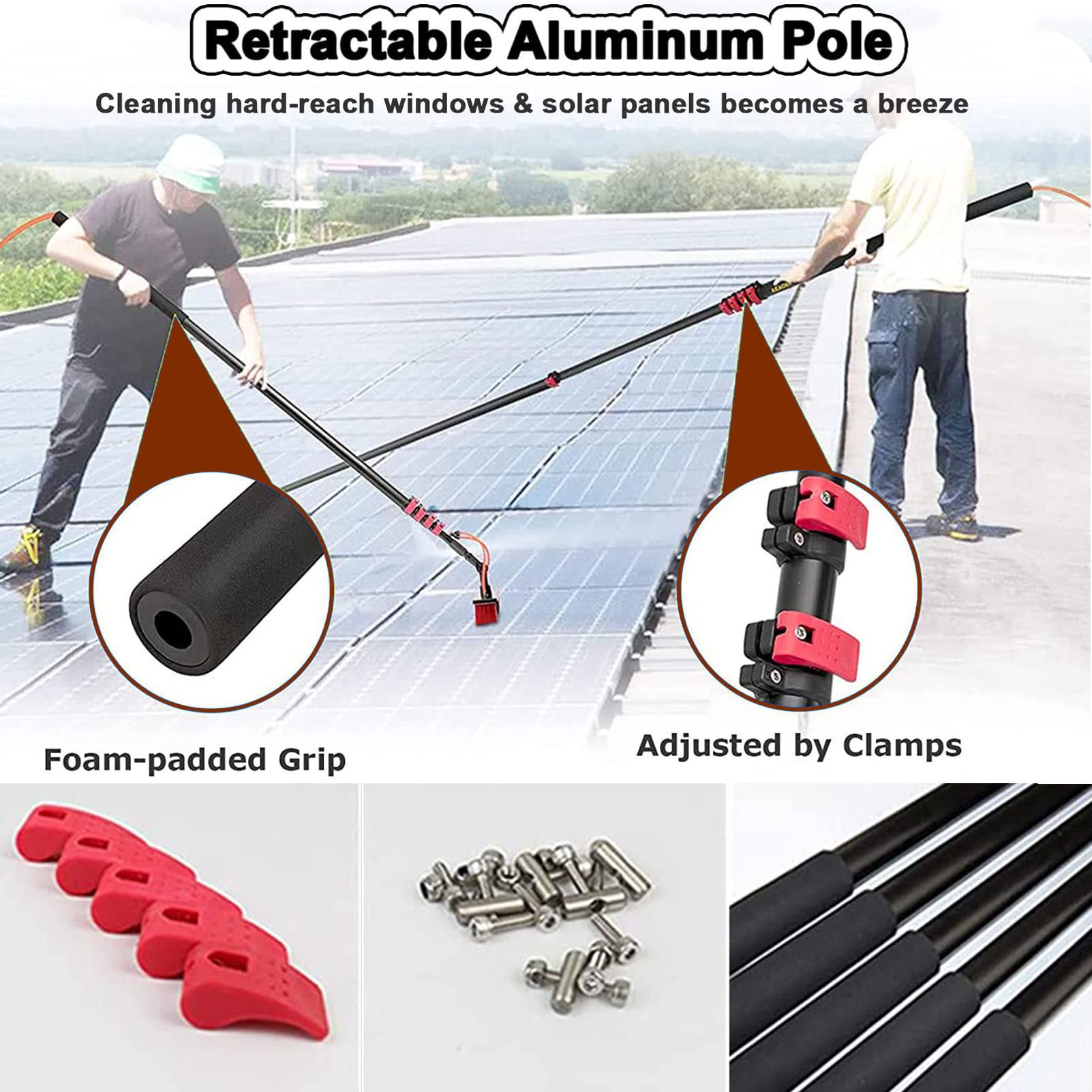 Kit de Limpieza de Ventanas con pértiga alimentada por Agua - Cepillo telescóo de 6-12 m con Manguera rociadora, Limpiador de Paneles solares de 24 pies, Liro, 55 cm, herie
