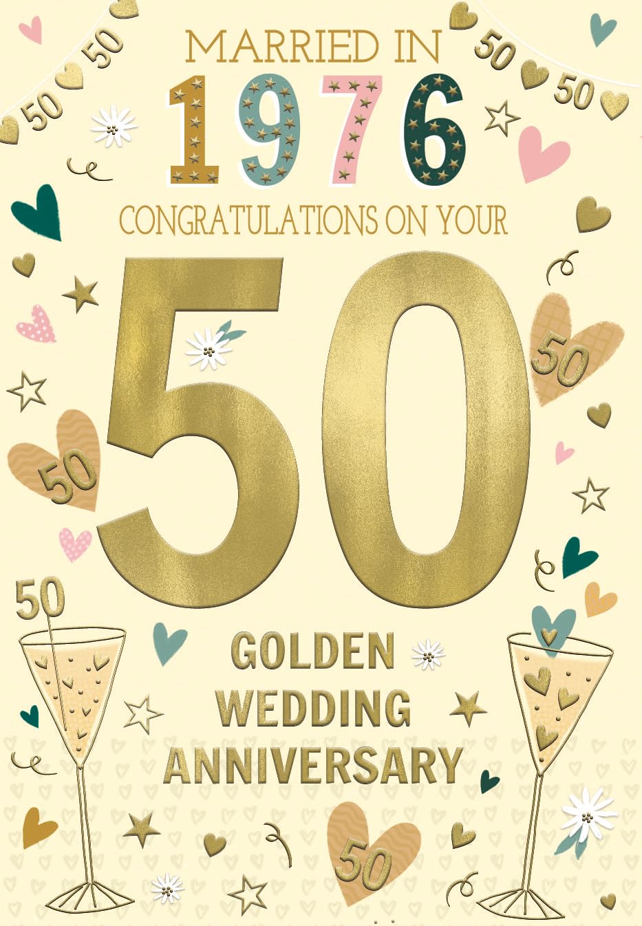 ICG 2026 Golden Anniversary Card - 50 Years - Year You Were Married Card with Married in 1976 Love Hearts and Champagne Design and Special Finishes - Eco-Friendly Card for Couples, Both of You