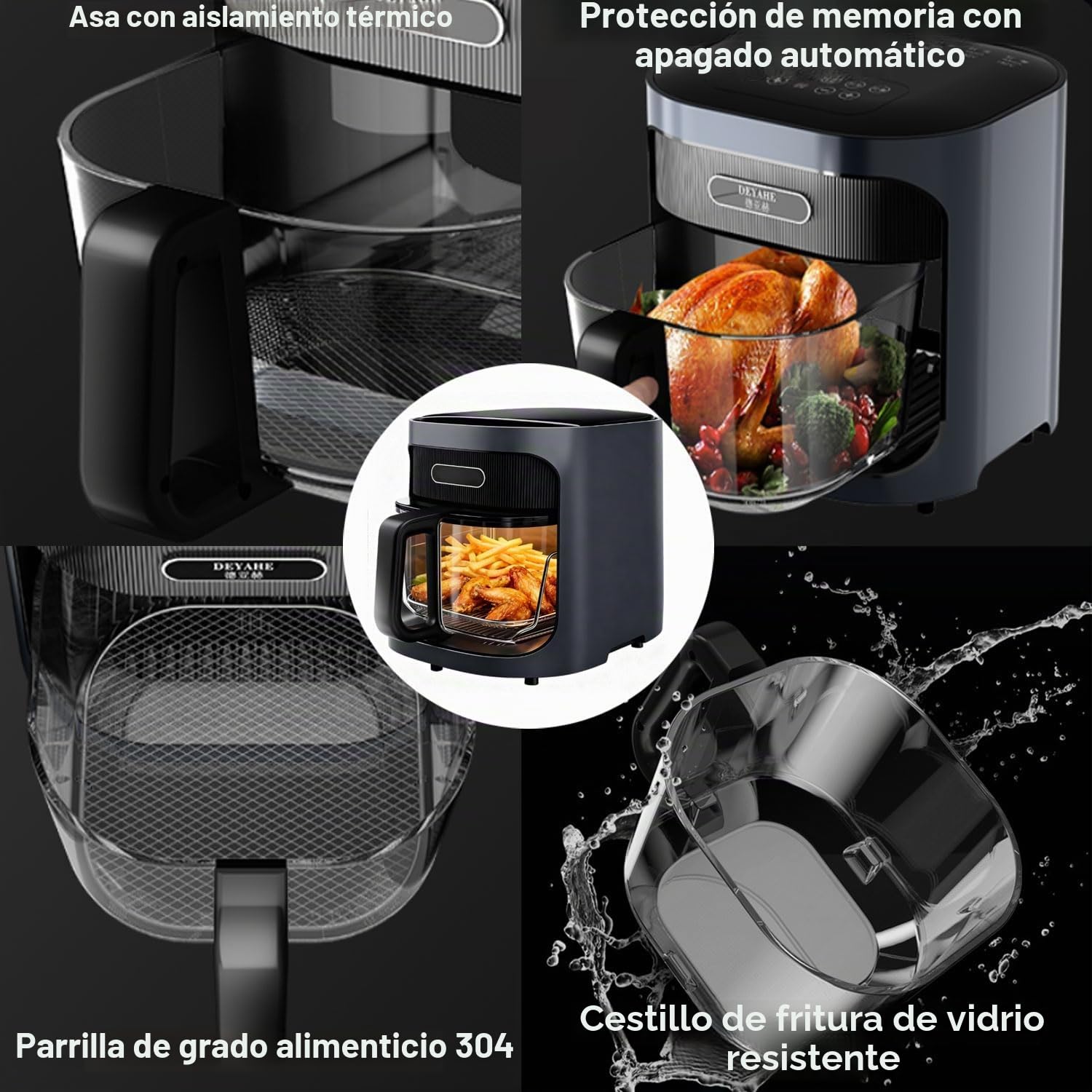 Freidora de aire de cristal de 1200W, 6L, Freidora de Aire de Cristal transparente con 7 modos preprogramados, freidora rápida sin aceite de 120-200℃