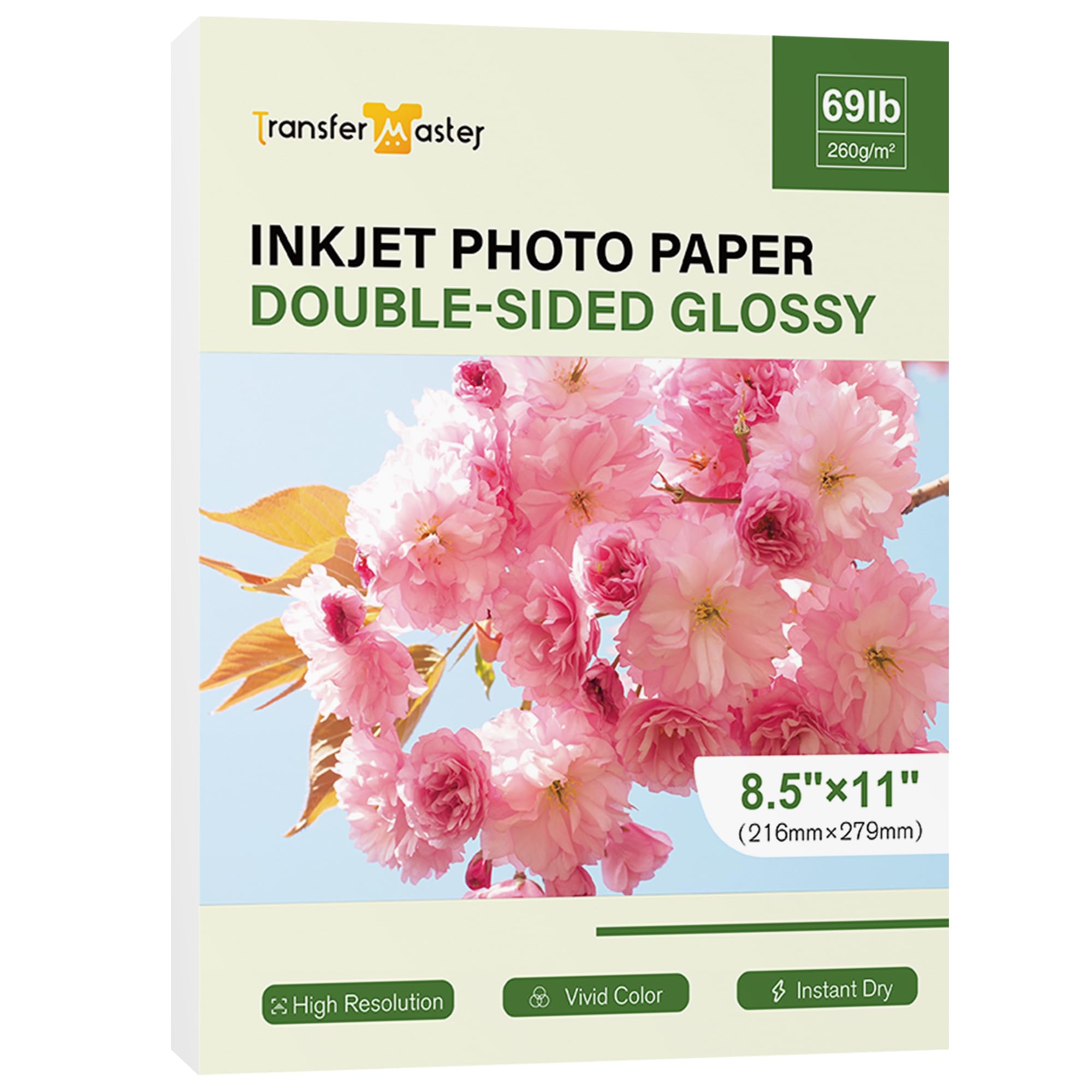 Transfer Master Double Sided Glossy Photo Paper Thick 8.5x11 Inch 69lb Heavyweight Cardstock Paper for Inkjet Printers Dye Ink 260gsm for Calendar Photo Cards Printing 25 Sheets