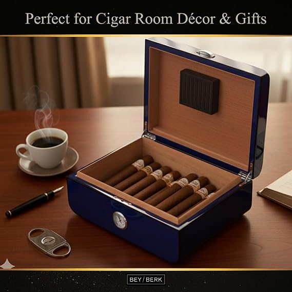 Bey-Berk Landon Carbon Fiber Cigar Humidor (Blue), Spanish Cedar Lined 50-Cigar Box with External Hygrometer