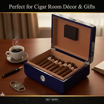Bey-Berk Landon Carbon Fiber Cigar Humidor (Blue), Spanish Cedar Lined 50-Cigar Box with External Hygrometer