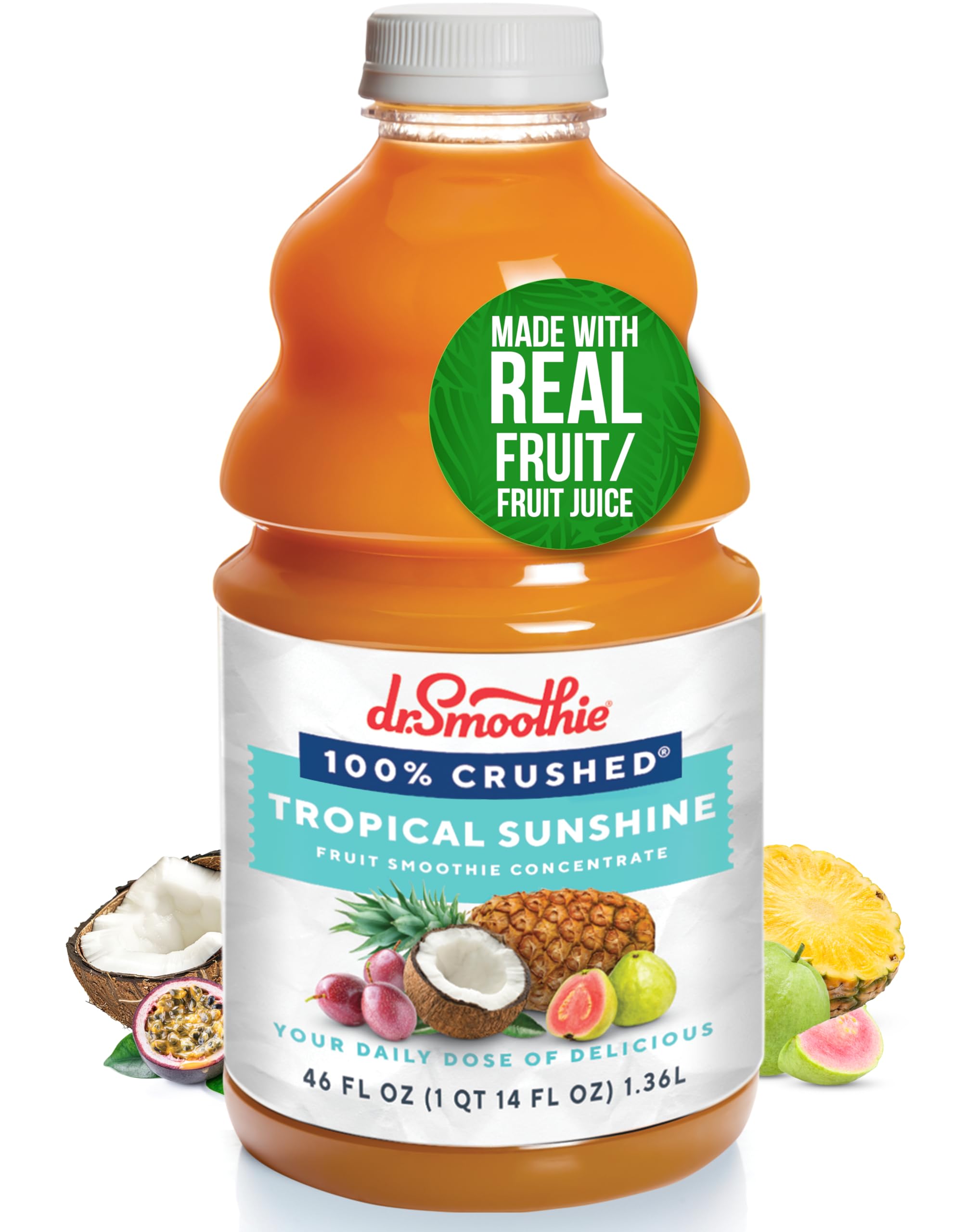 Dr. Smoothie 100% Crushed Tropical Sunshine – No Added Sugar, Made with Real Fruits/Fruit Juice – Vegan, No Artificial Colors or Flavors – Guava, Pineapple, Passion Fruit & Bananas – 46 oz Bottle