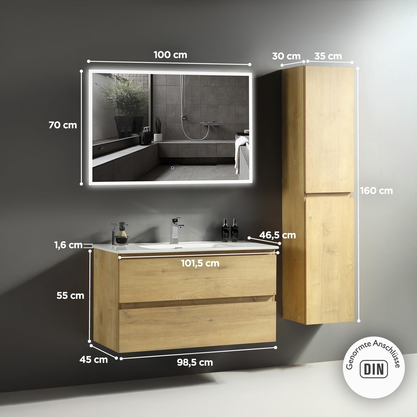 Alpenberger Badmöbel Set mit Waschbecken | Badezimmer Spiegel mit Beleuchtung | Badschrank Hochschrank | Hängeschrank Bad | Waschtisch mit Unterschrank 100cm (Vivento 100 Eiche Natur)