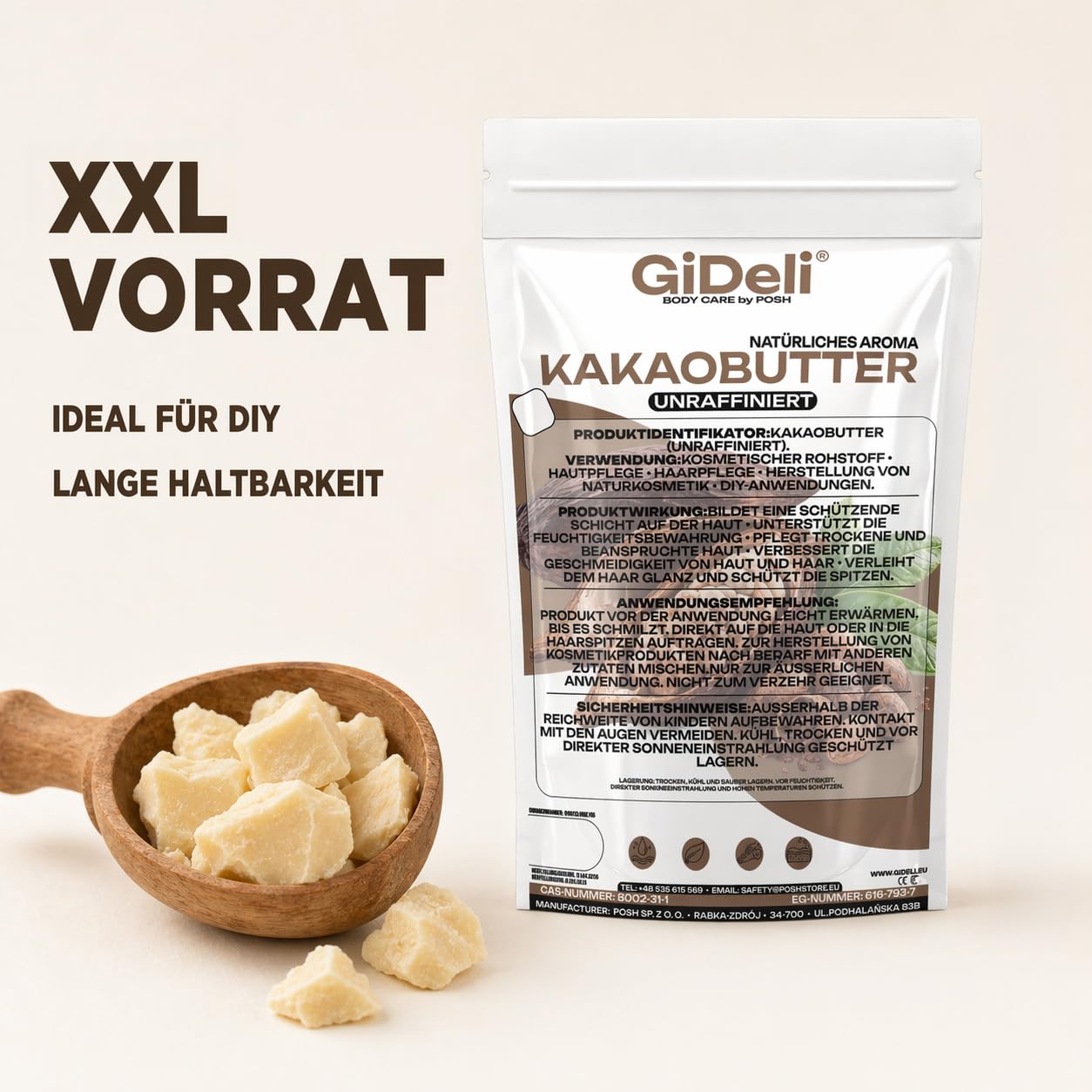 GiDeli Kakaobutter 1kg - Das Kakaofett Tiefenwirksam Feuchtigkeitsspendend und Regenerierend - Unraffinierte Butter für Haut und Haarpflege - Das Kakaobohnenfett mit Schutzwirkung