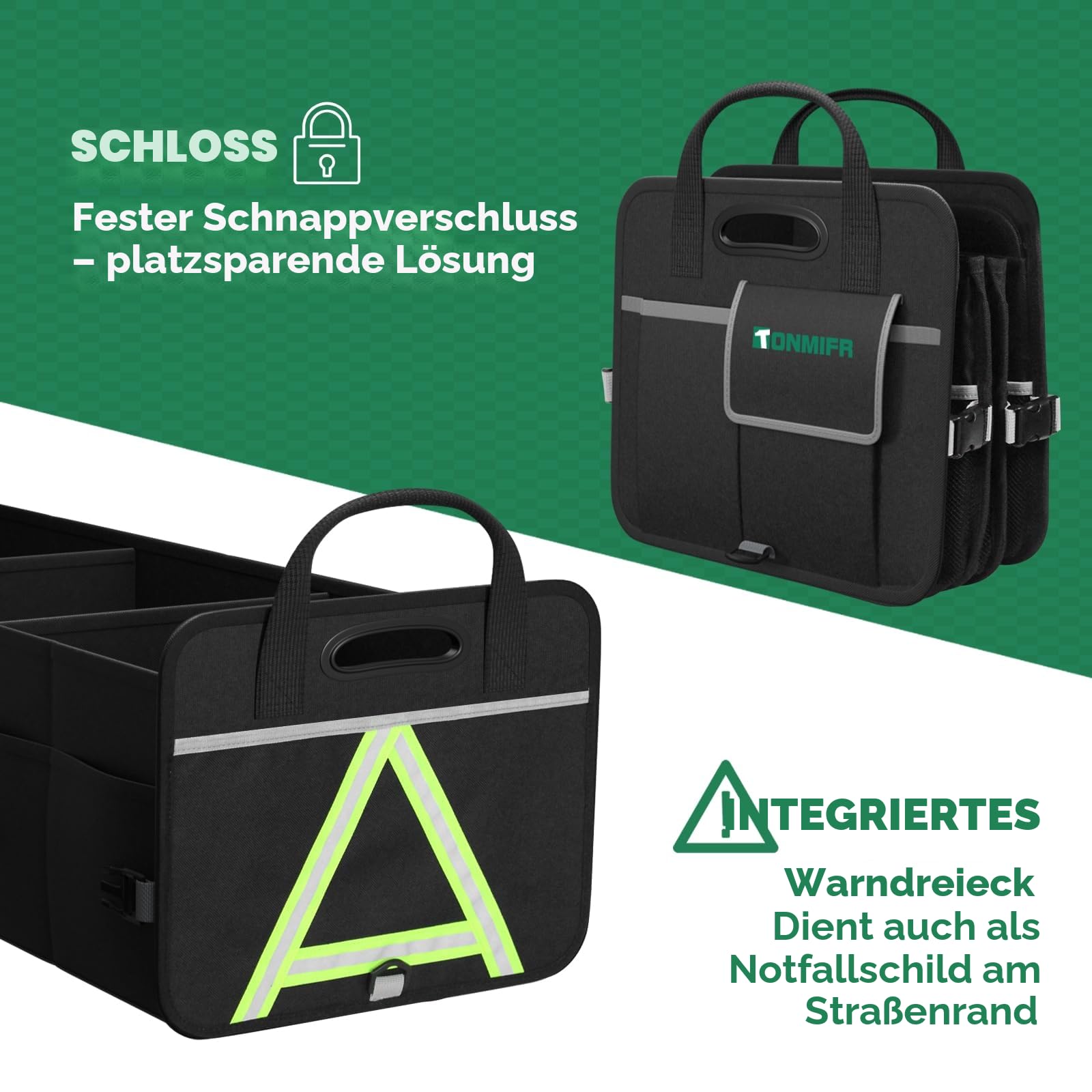 Robuster Kofferraum-Organizer mit großer Kapazität, Multifach-Aufbewahrungsbox für SUV, Kombi & Kleinwagen, faltbar aus 600D Oxford mit 2 Sicherungshaken & reflektierenden Streifen, 92 Liter