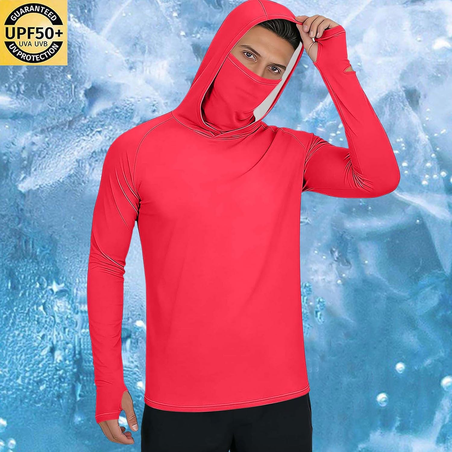 Men’s UPF50+ Sun Protection Shirts, Long Sleeve Hooded Top with Thumb Hole and Watch Hole, Quick Dry Fishing Tops