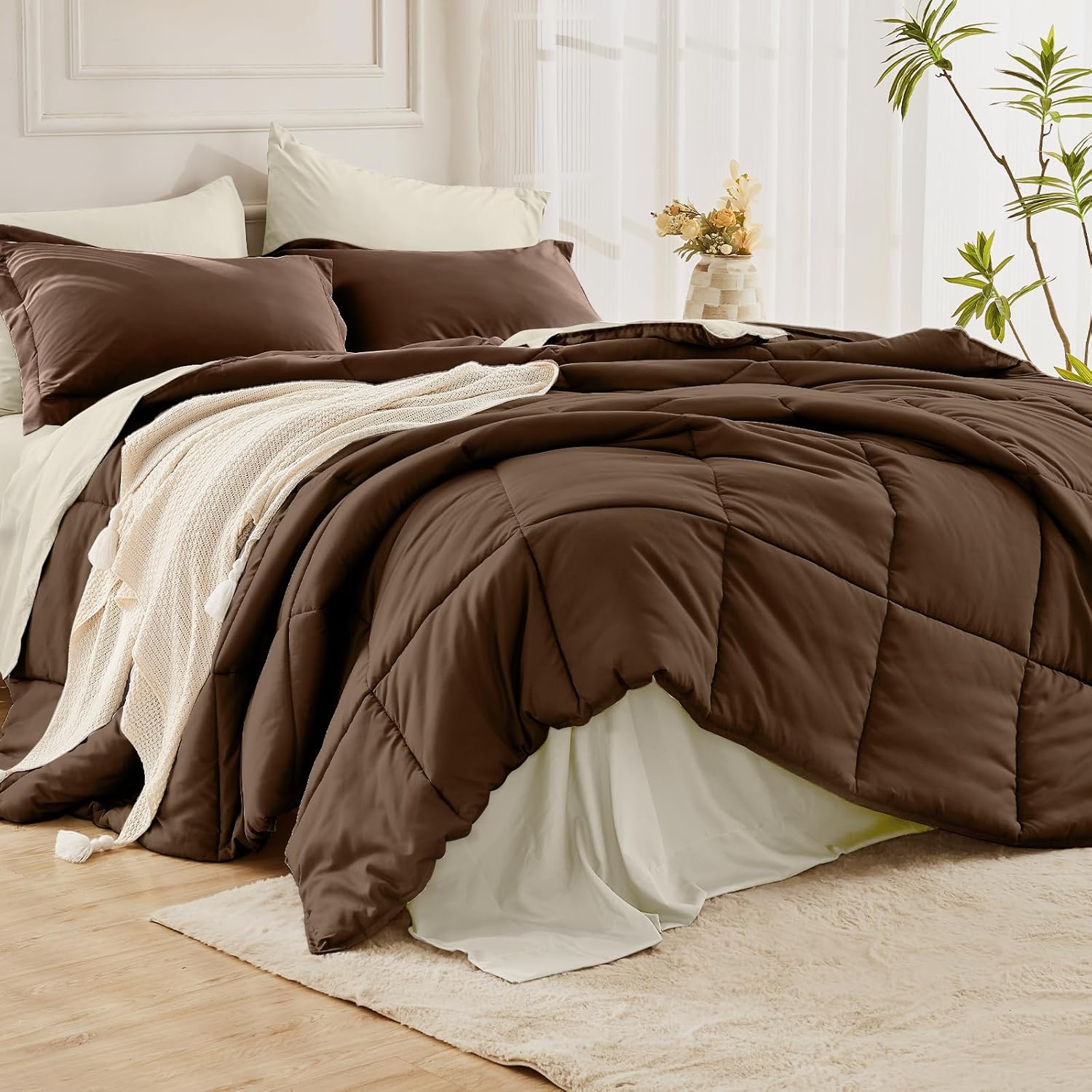 JOLLYVOGUE Queen Comforter Set, Ultra-Soft Bed in a Bag Queen Size 7 Pieces, Oeko-TEX Certified Bedding Set with Down Alternative Comforter, Sheets, Pillowcases & Shams, Brown & Beige - Image 8