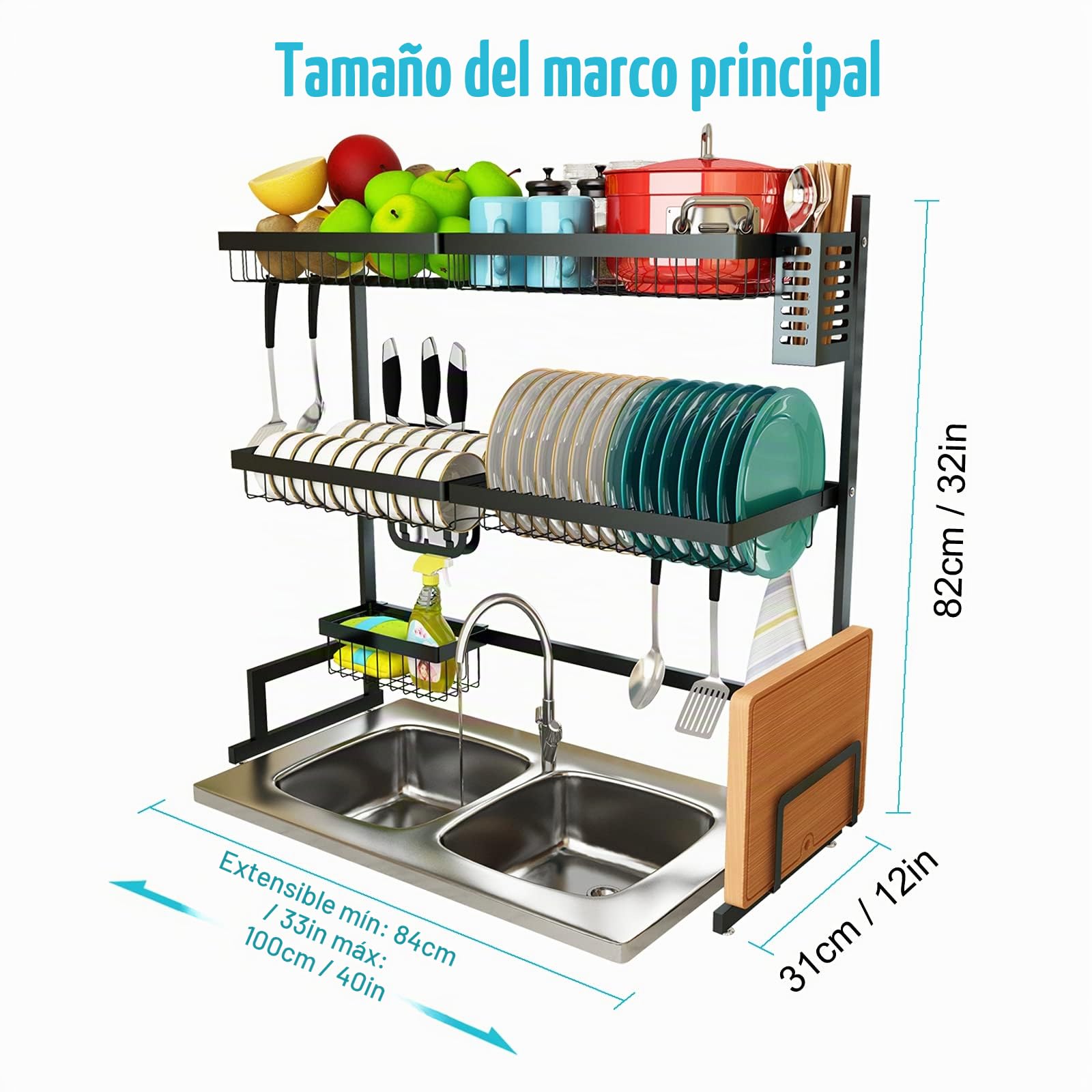 Escurridor de platos sobre el fregadero, 3 niveles de acero inoxidable ajustable (33''-40'') escurridores de platos grandes para almacenamiento en mostrador (negro)