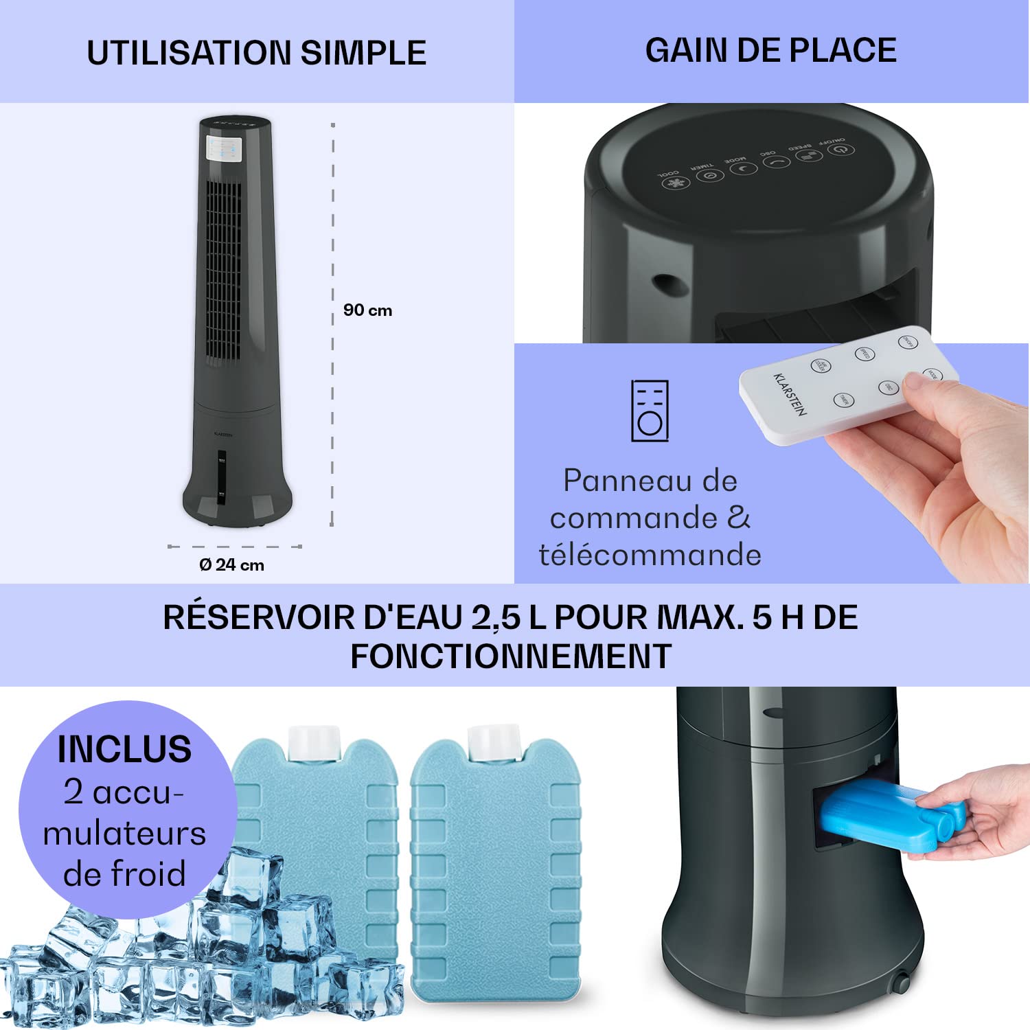 Klarstein Rafraîchisseur d'Air Mobile, Refroidisseur d'Air par Evaporation 4-en-1, Mode Nuit Silencieux, Humidificateur, Ventilateur avec Glacon Efficace, 2,5L, 40W, Débit d'Air de 530m³/h, Noir