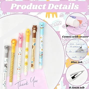 6Pcs Erasable Pens Blue Legami Pens Rub Out Pens 0.5mm Erasable Pen Animals