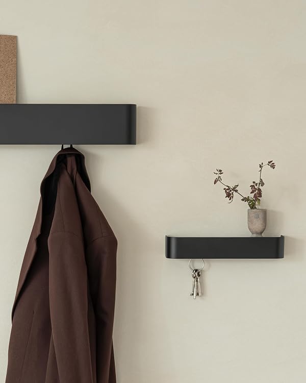 Kazai. Coat Rack Wall Mount with Shelf 'Tone' | Modern Design Coat Hanger with Hidden Hooks and Storage | Hat Rack with Shelf in Metal | Wall-Mounted Purse Organizer | Black by Kazai. - Used condition - Image 8