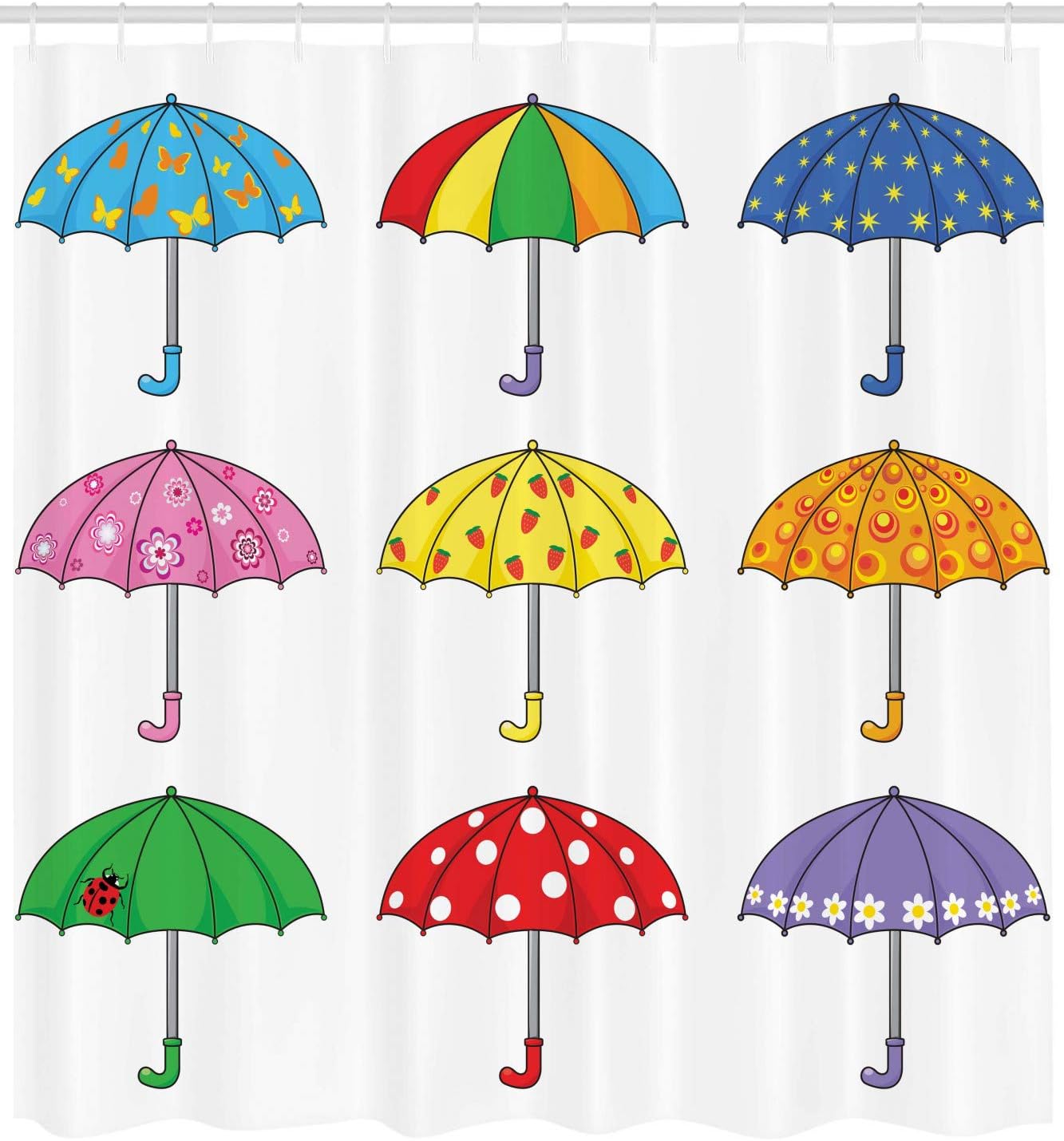 Ambesonne Colorful Shower Curtain, Rainbow Umbrellas with Ornate Polka Dot Butterfly Star Ladybug Planet Patterns, Cloth Fabric Bathroom Decor Set with Hooks, 69" W x 75" L, Yellow Rainbow