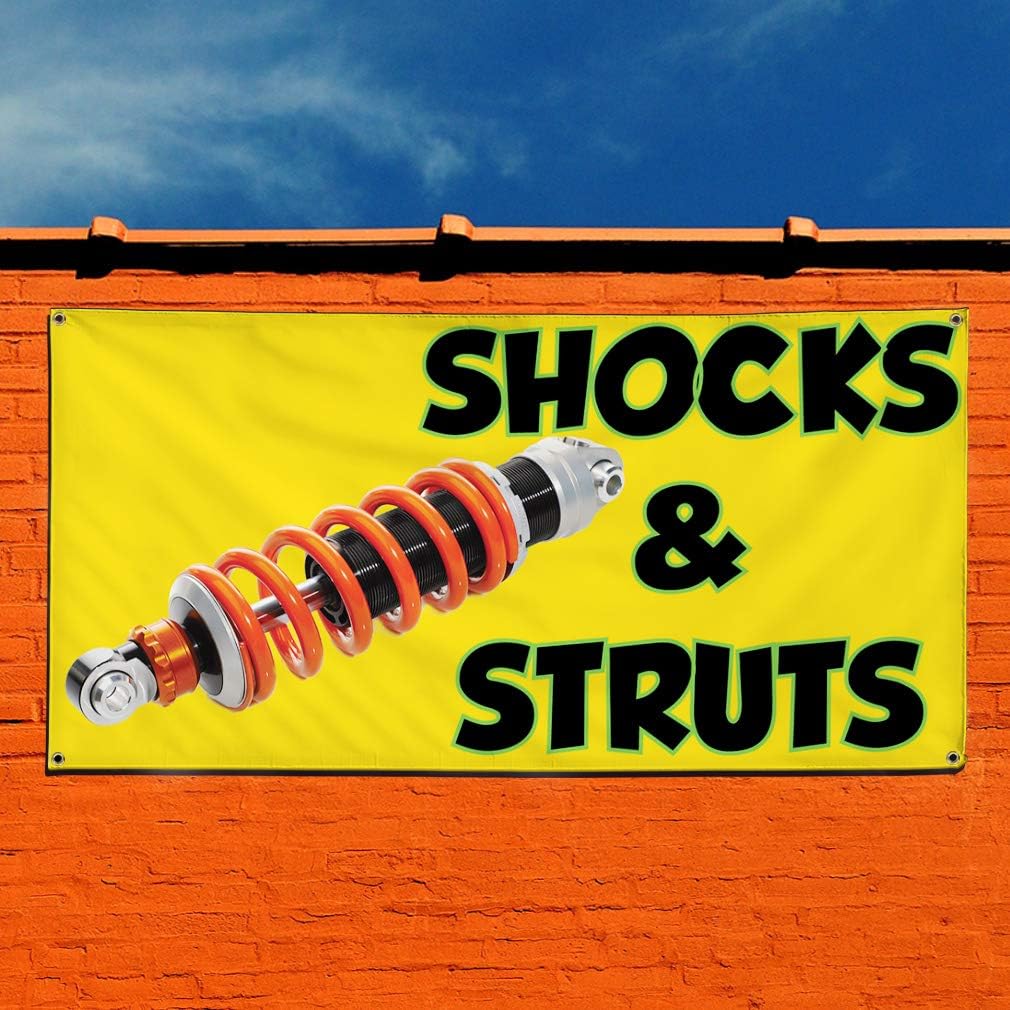 Vinyl Banner Sign Shocks & Struts #1 Style L Automotive Marketing Advertising Yellow - 24inx60in, 4 Grommets, One Banner