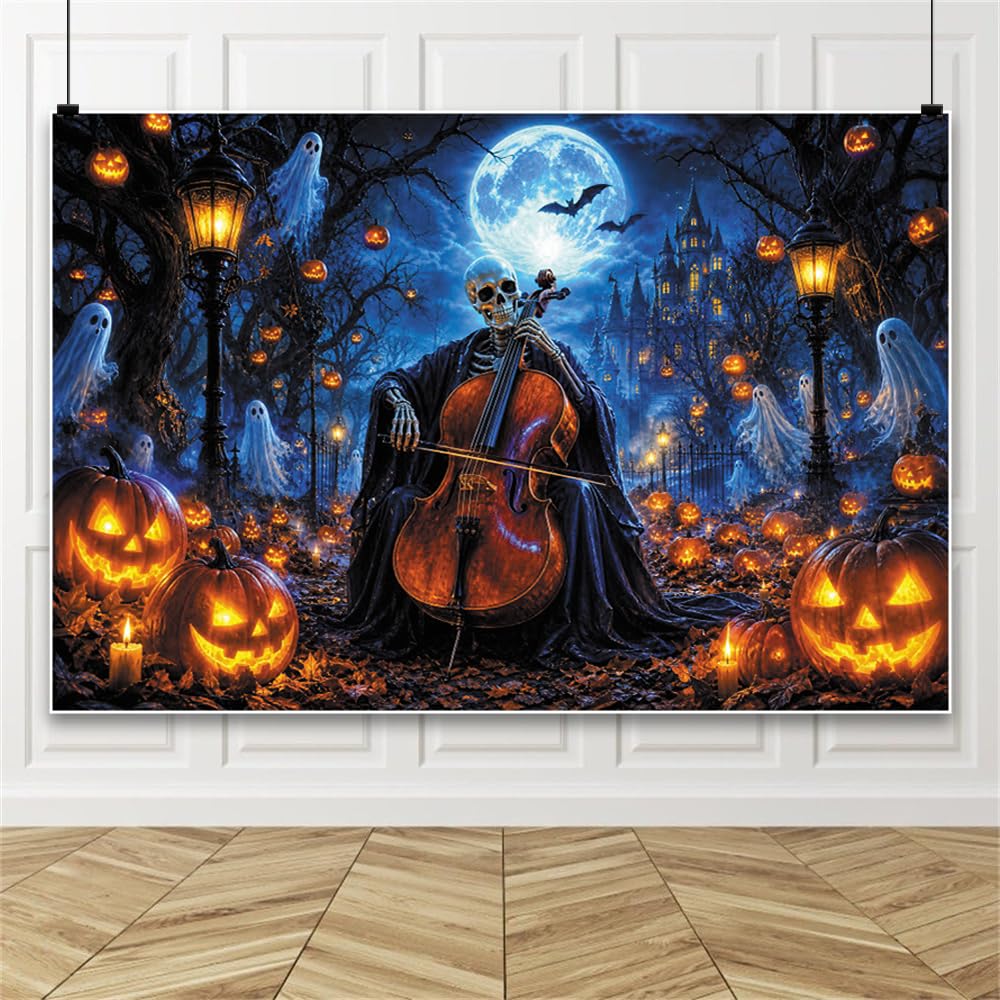 3 x 2,5 m szczęśliwe tło Halloween, solo, wiolonczela, śmieszny baner fotograficzny, świecąca latarnia Jack dynia, retro, światło uliczne z niebieskim i ciemnym klimatem, dekoracja tła na