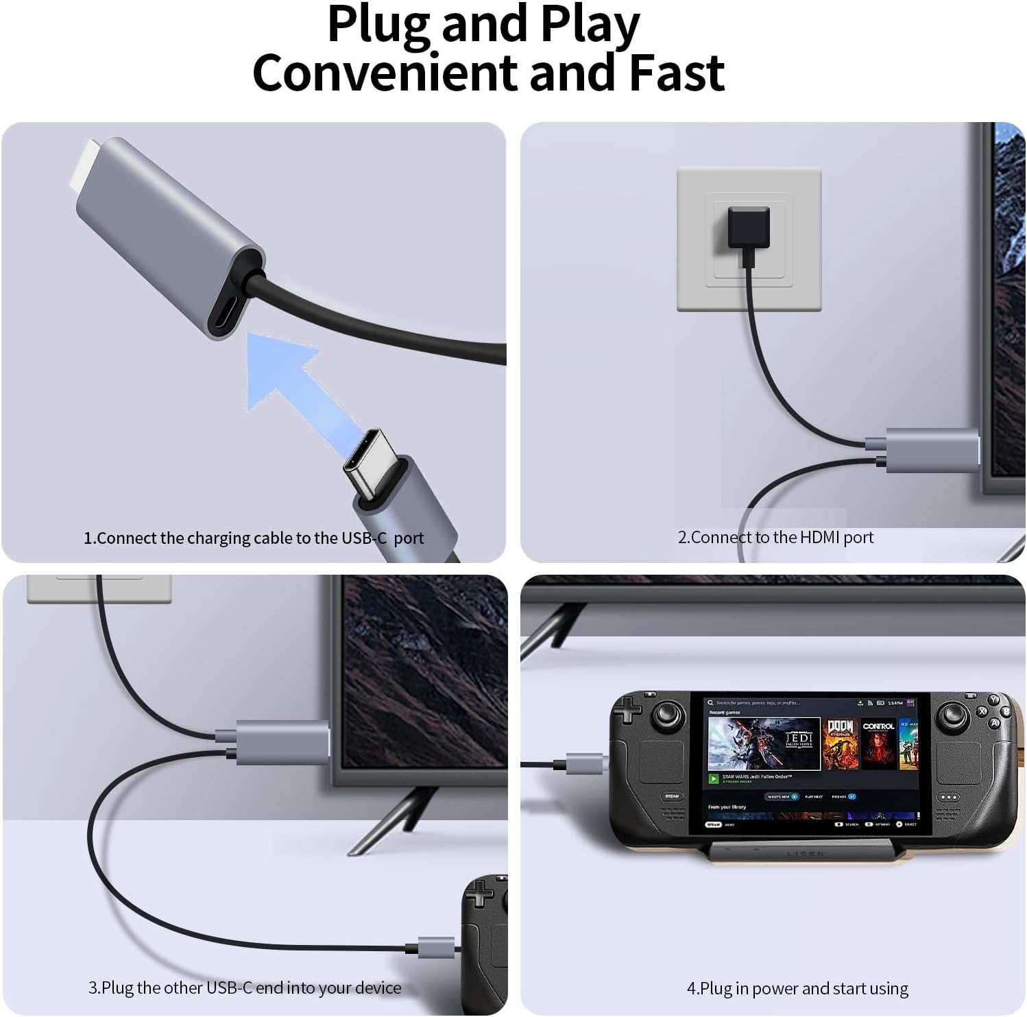 USB‑C to HDMI 2‑in‑1 Cable 6.6FT with 100W PD Fast Charging Port, 4K@60Hz Ultra‑HD Output, Thunderbolt & USB‑C Compatible, for iPhone 16 Pro Max, iPad, MacBook, Steam Deck, Galaxy S25 - Image 5