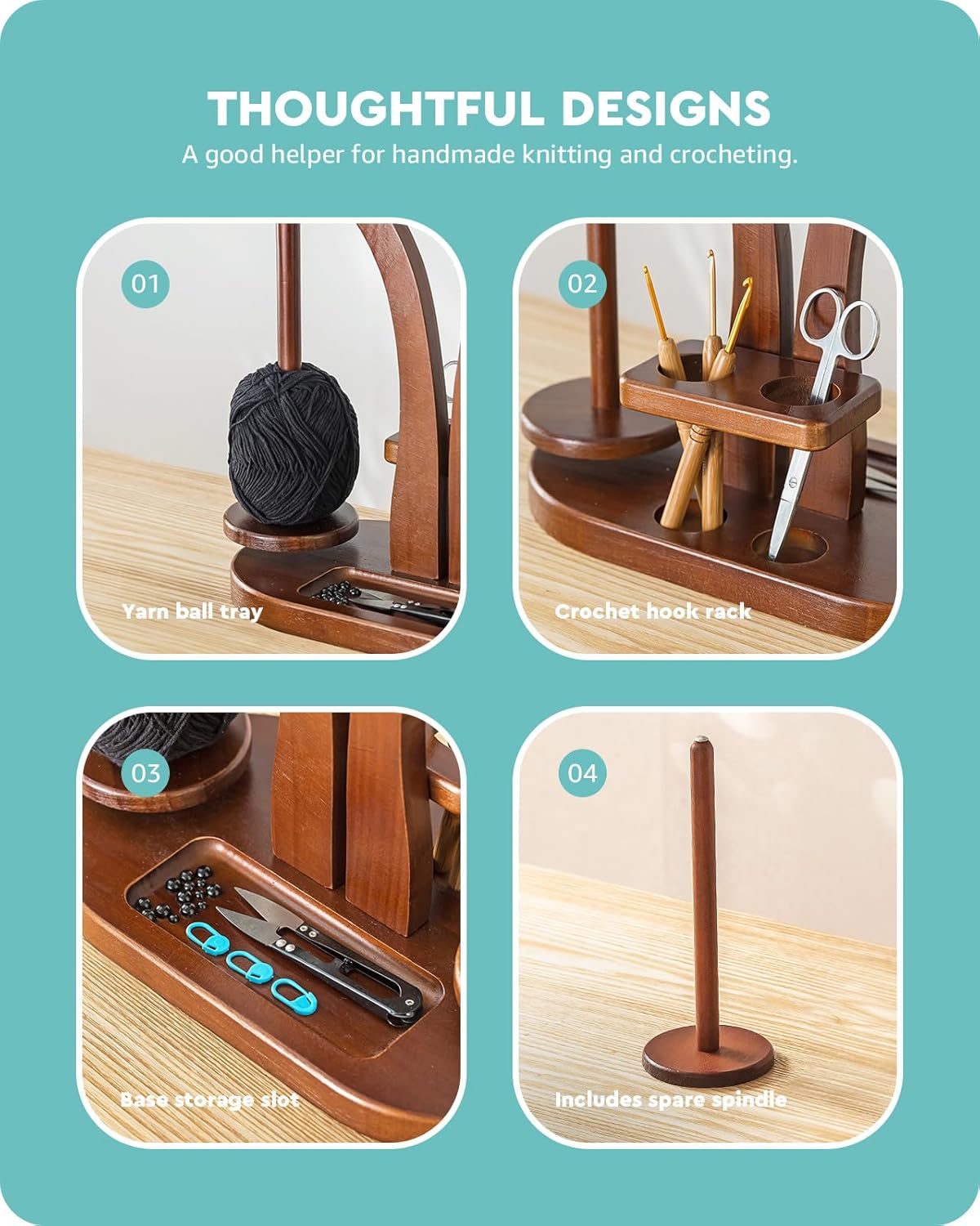 Baffect Double Yarn Holder Magnetic with Spare Spool, Yarn Ball Holder Wooden, Yarn Spindle with Double Spindles, Spinning Yarn Holder for Crochet Lovers