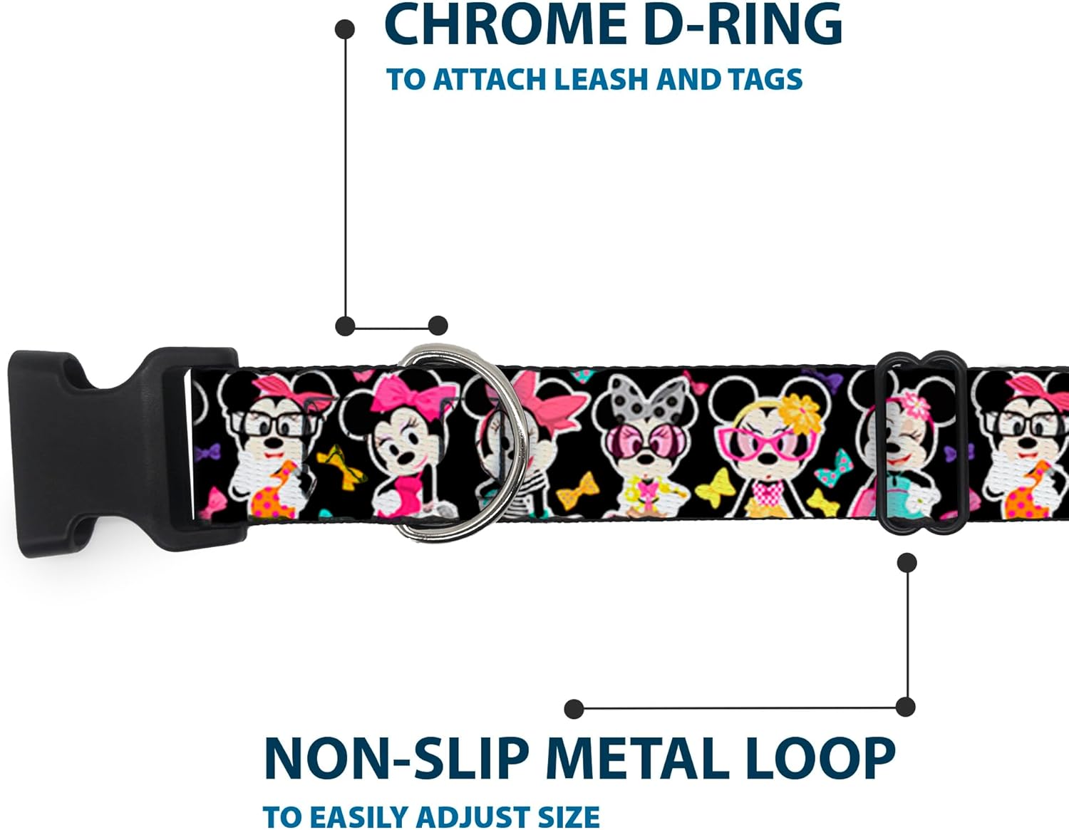 Buckle-Down Plastic Clip Collar - Mini Minnie Expressions/Bows Black/Multi Color - 1.5" Wide - Fits 18-32" Neck - Large