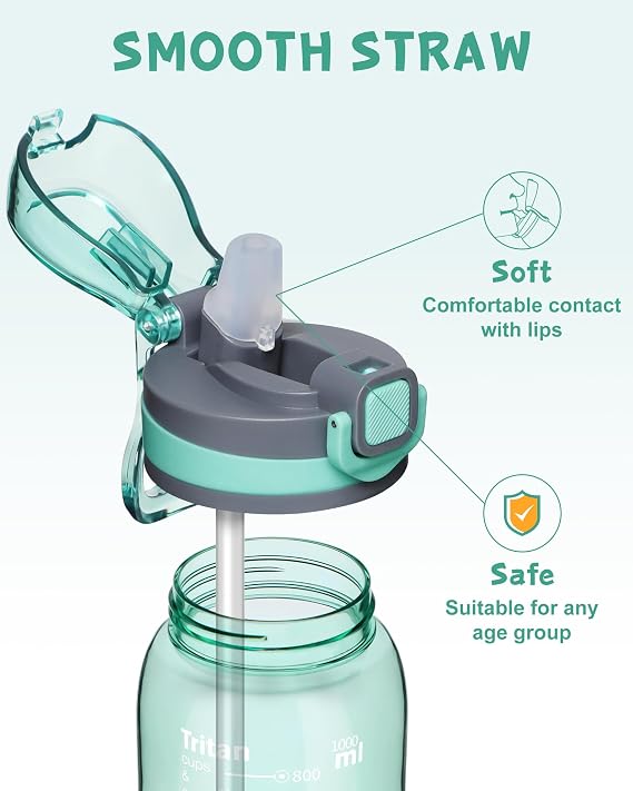 Opard 1000 ml Water Bottle with Straw Cap, Dishwasher Safe, BPA-Free, Leak Proof Flip Top Bottle